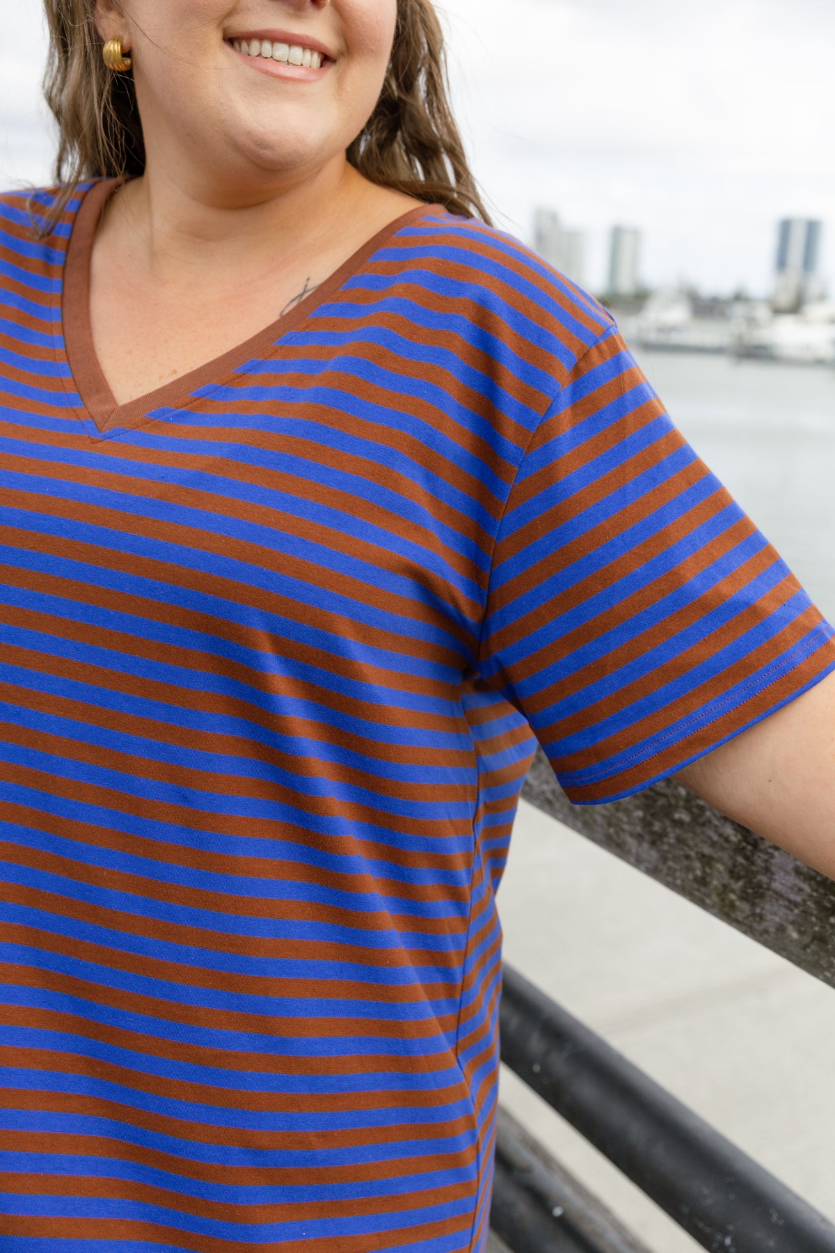 Striped V-Neck Tee in Blue/Brown