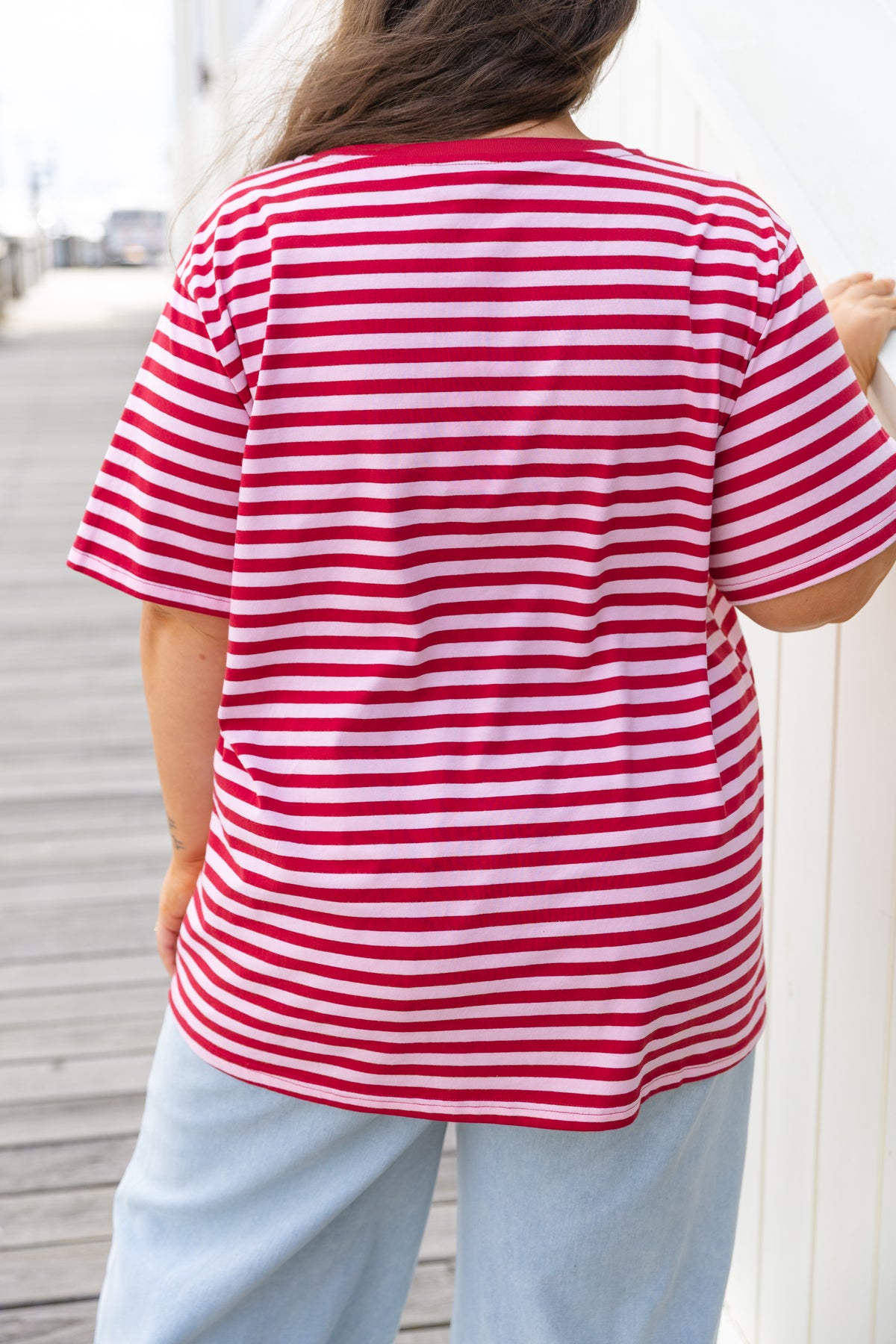 Striped V-Neck Tee in Wine/Light Pink