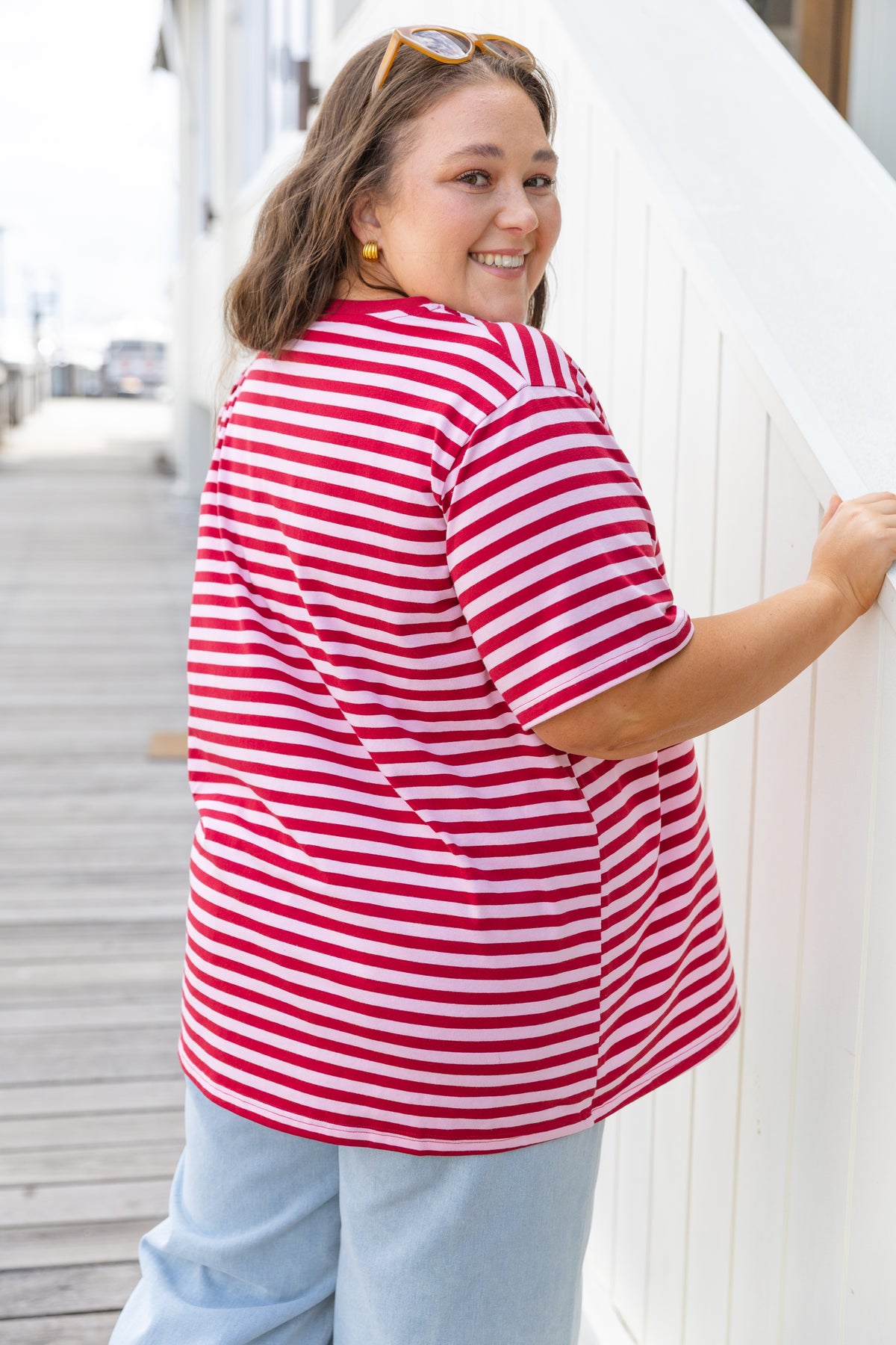 Striped V-Neck Tee in Wine/Light Pink