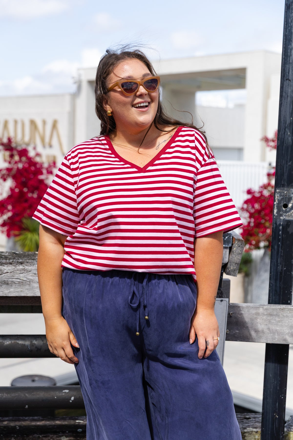 Striped V-Neck Tee in Wine/Light Pink