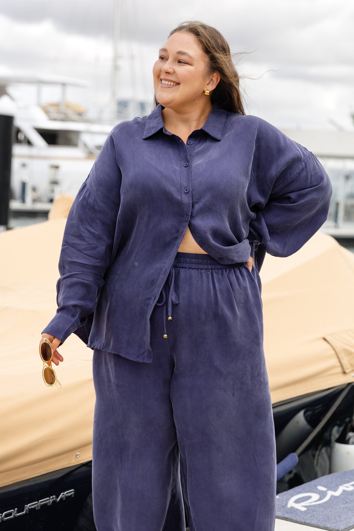 Jayla Oversized Cupro Shirt in Navy