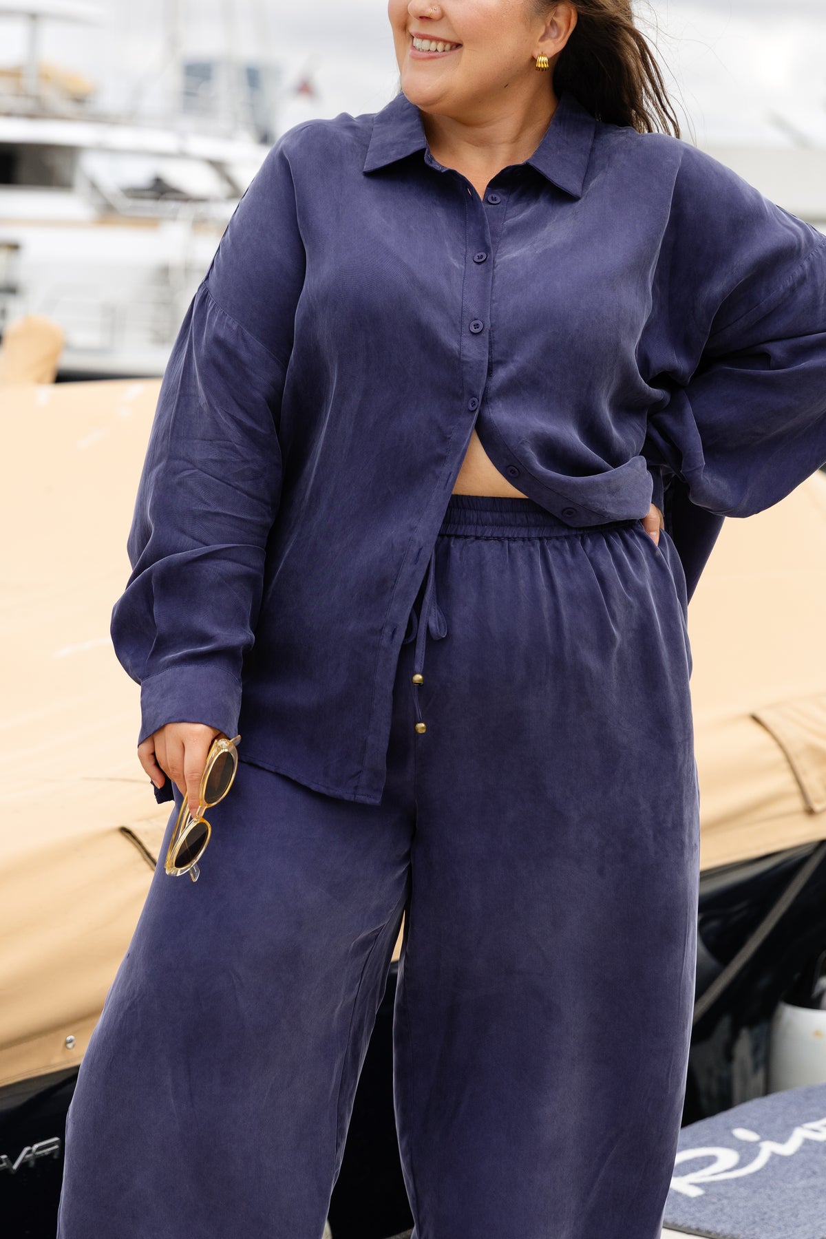 Jayla Oversized Cupro Shirt in Navy