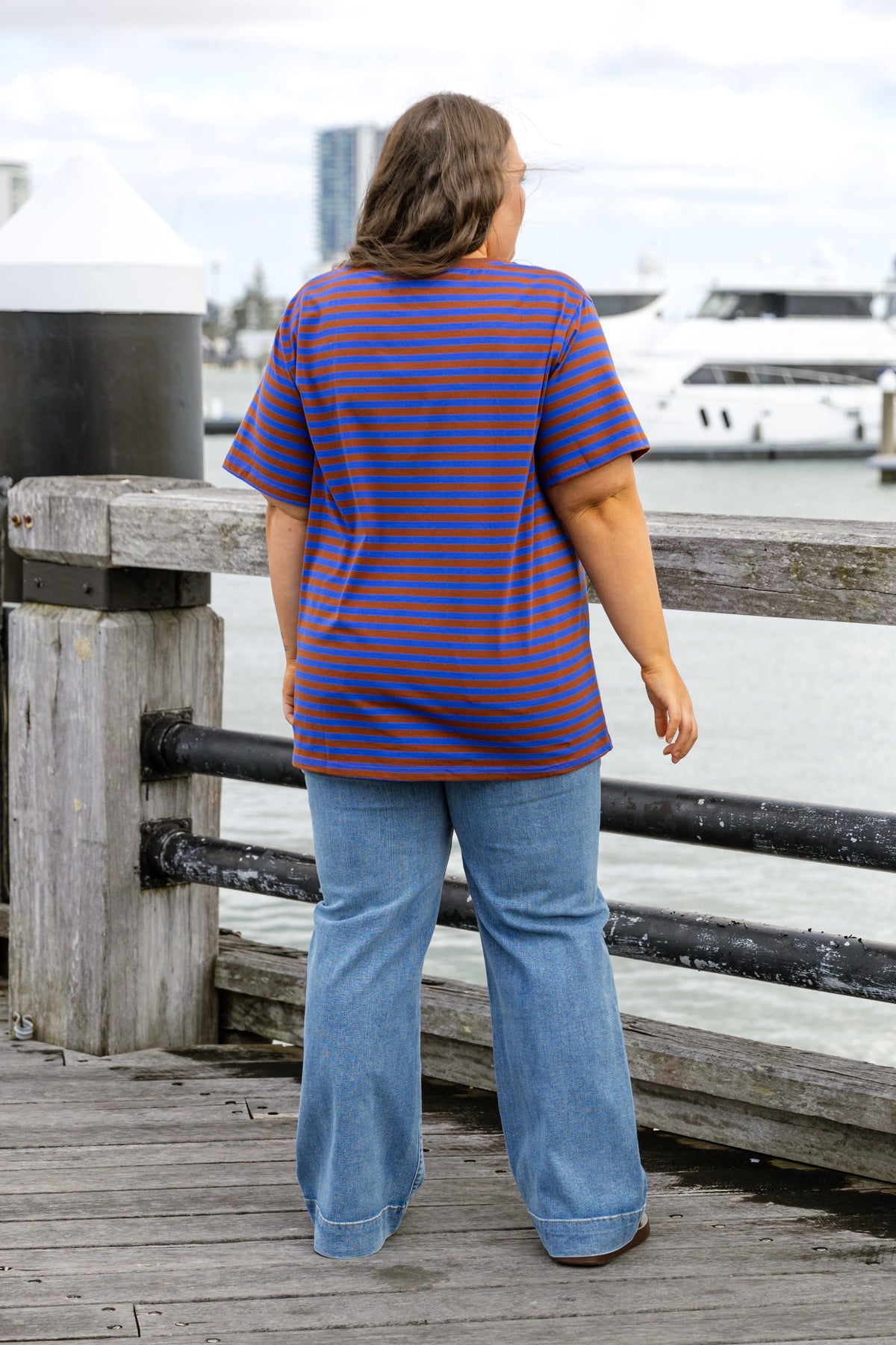Striped V-Neck Tee in Blue/Brown