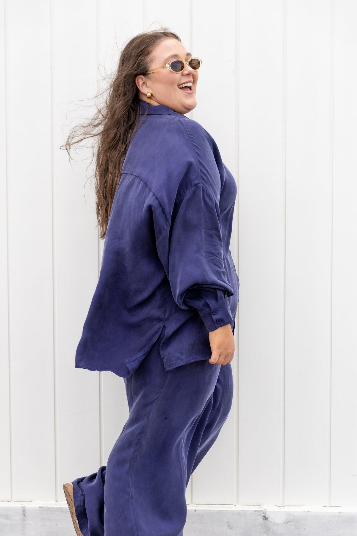 Jayla Oversized Cupro Shirt in Navy