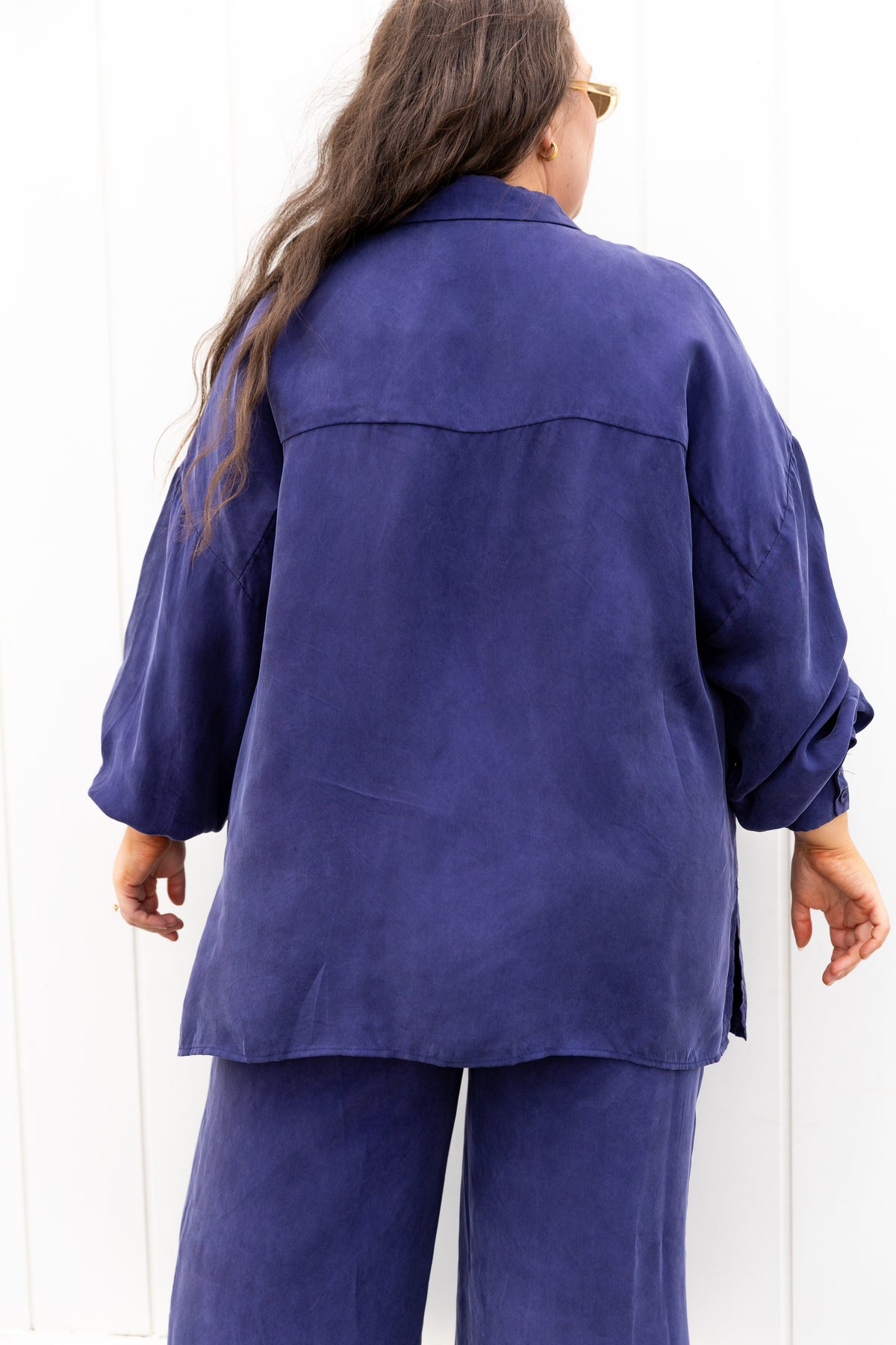 Jayla Oversized Cupro Shirt in Navy