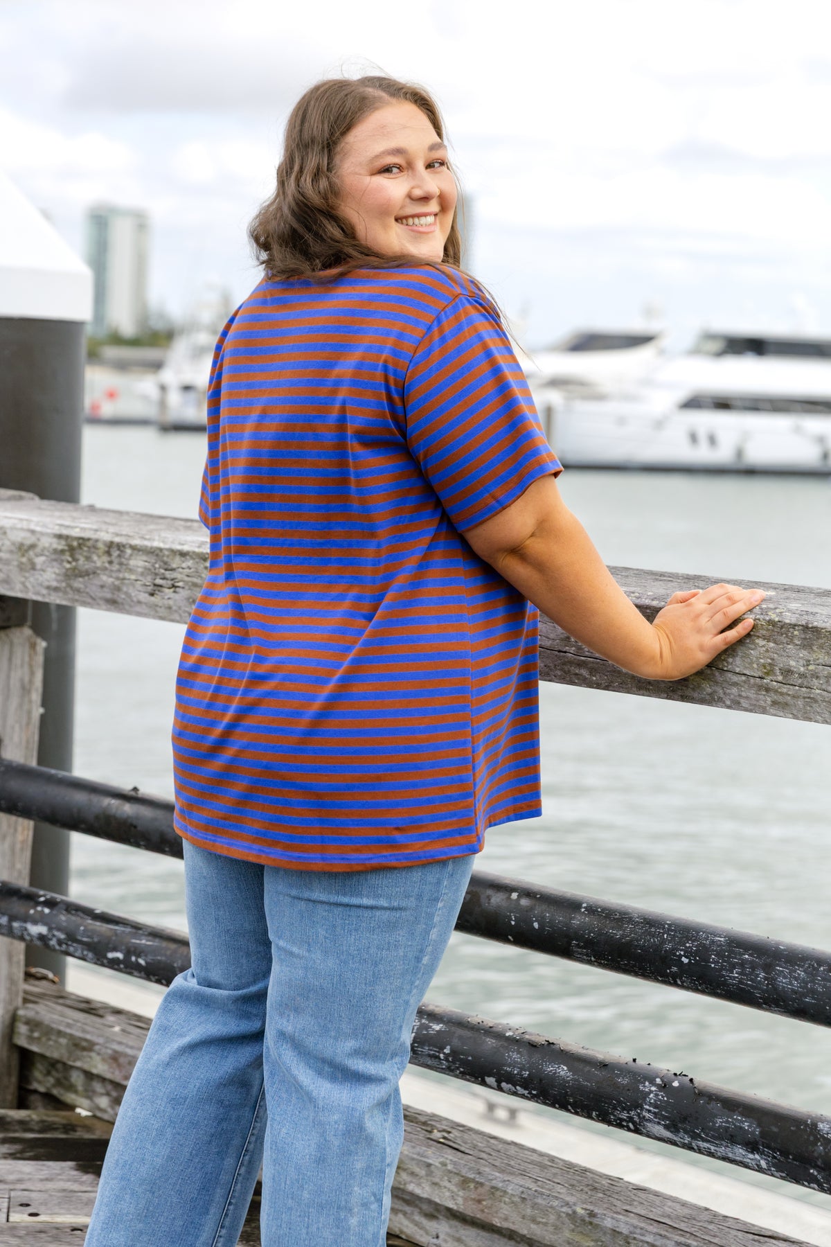 Striped V-Neck Tee in Blue/Brown