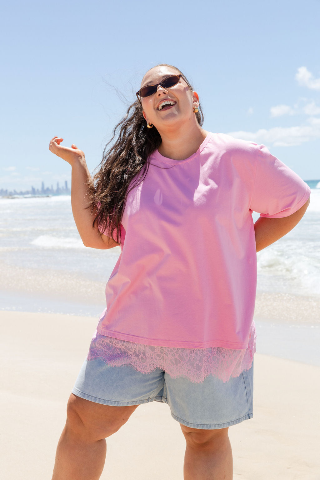 Lola Lace Trim Tee in Pink