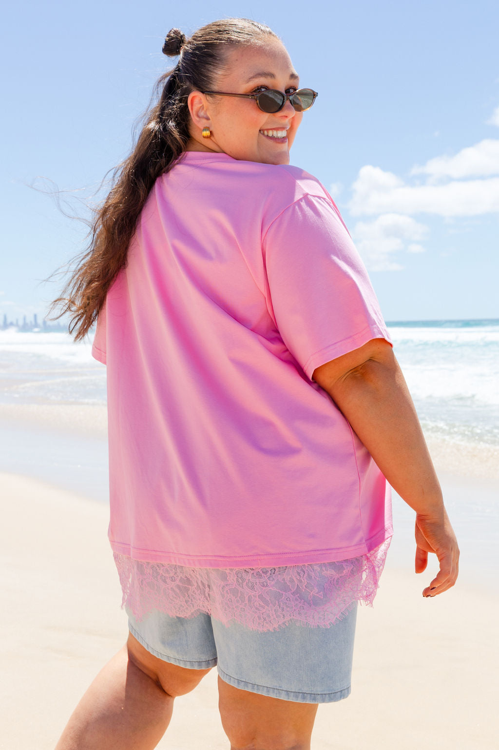 Lola Lace Trim Tee in Pink