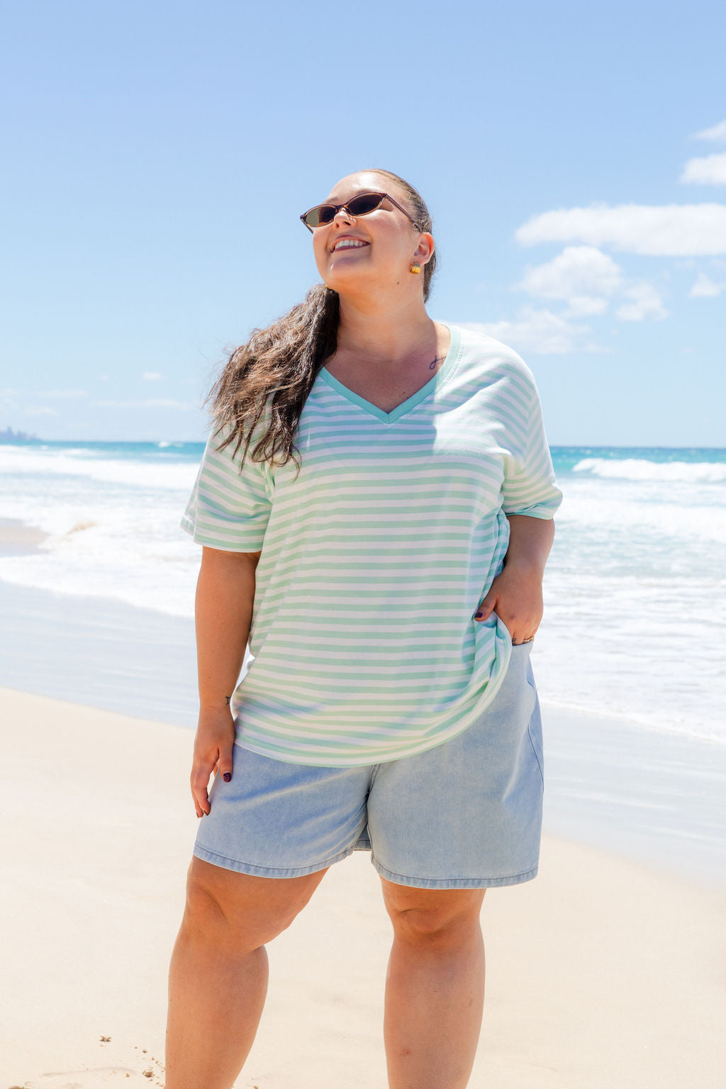 Striped V-Neck Tee in Mint/White