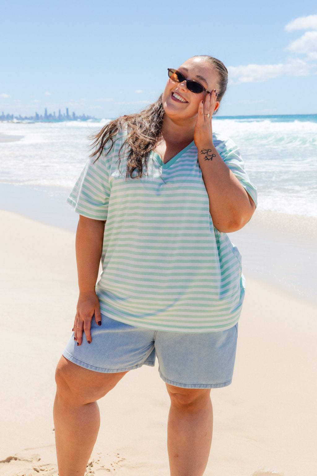 Striped V-Neck Tee in Mint/White