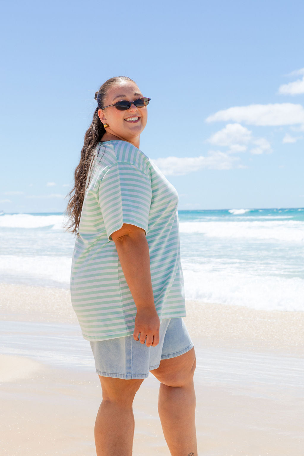 Striped V-Neck Tee in Mint/White