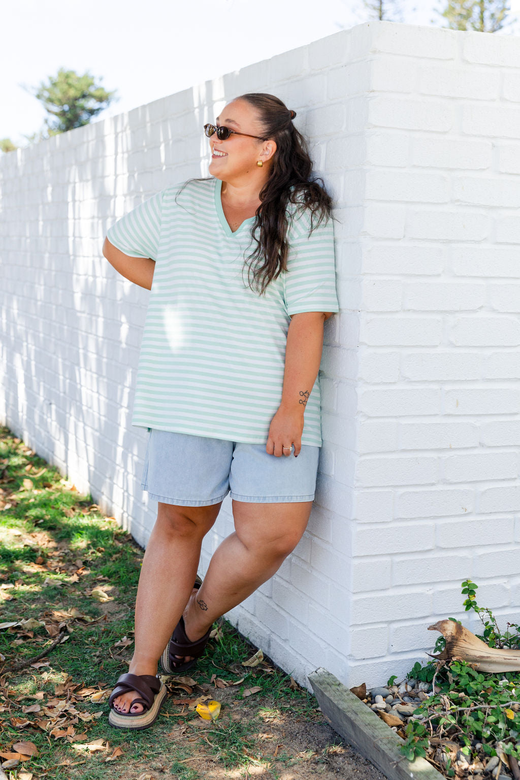 Striped V-Neck Tee in Mint/White