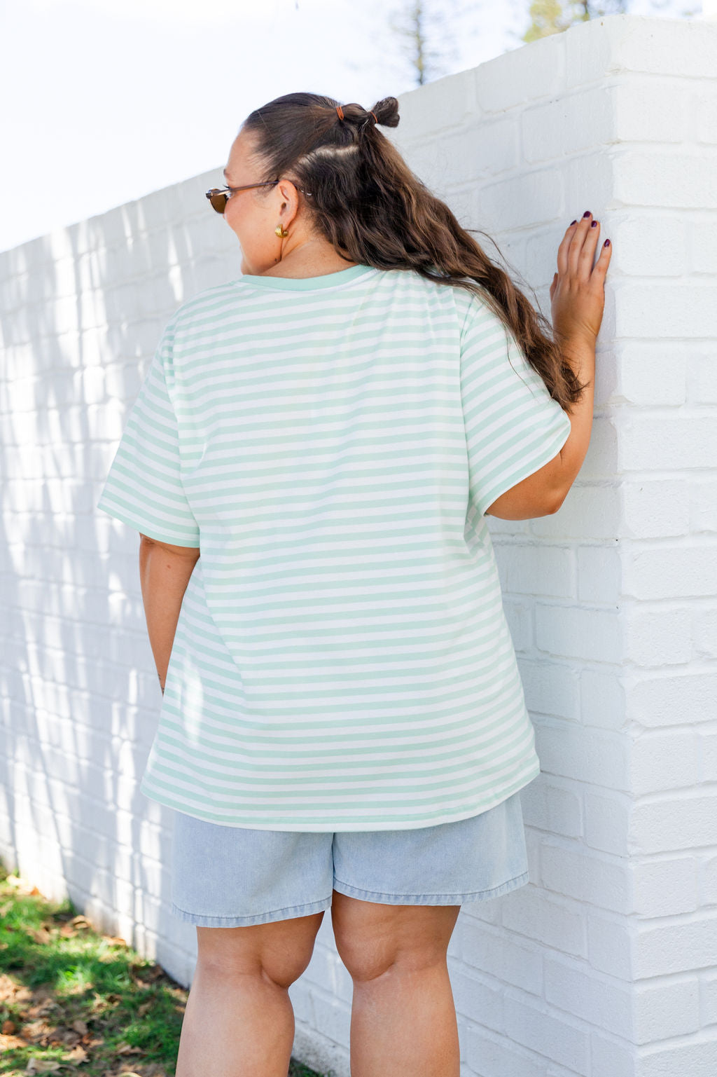 Striped V-Neck Tee in Mint/White