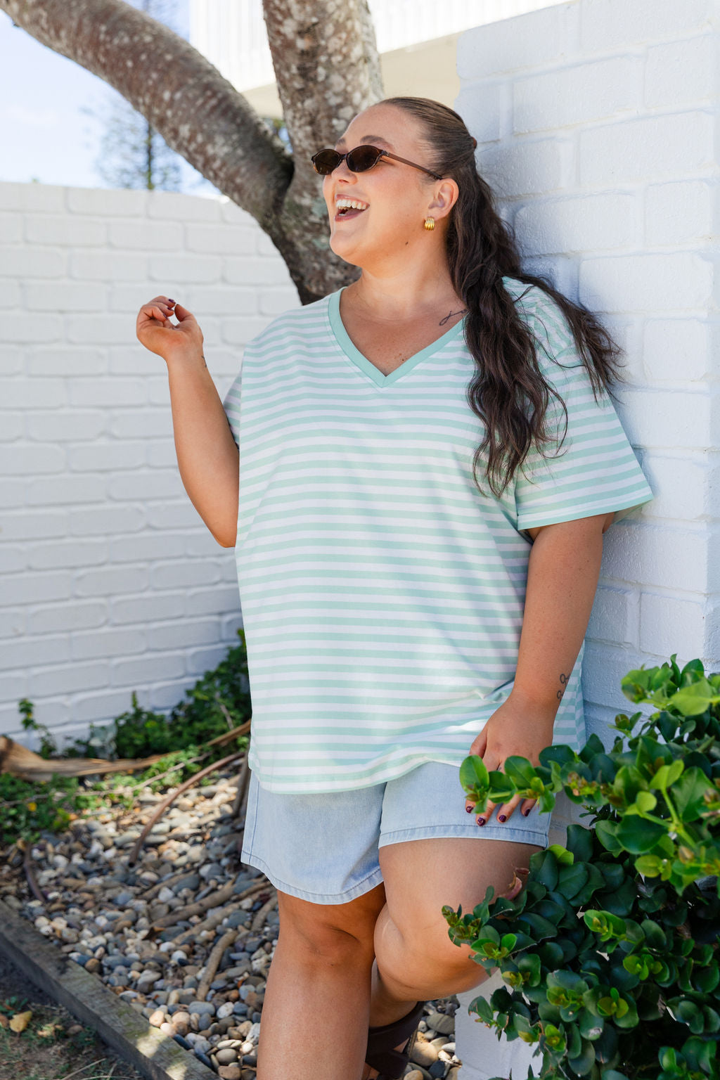 Striped V-Neck Tee in Mint/White