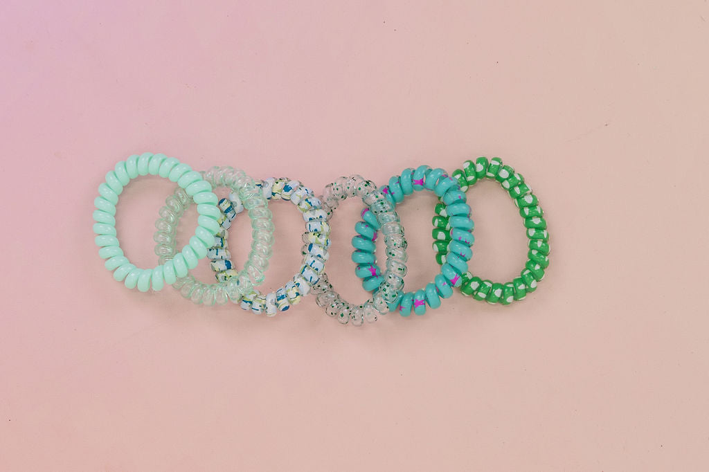 Green & Aqua Coil Hair Ties – 6 Pack