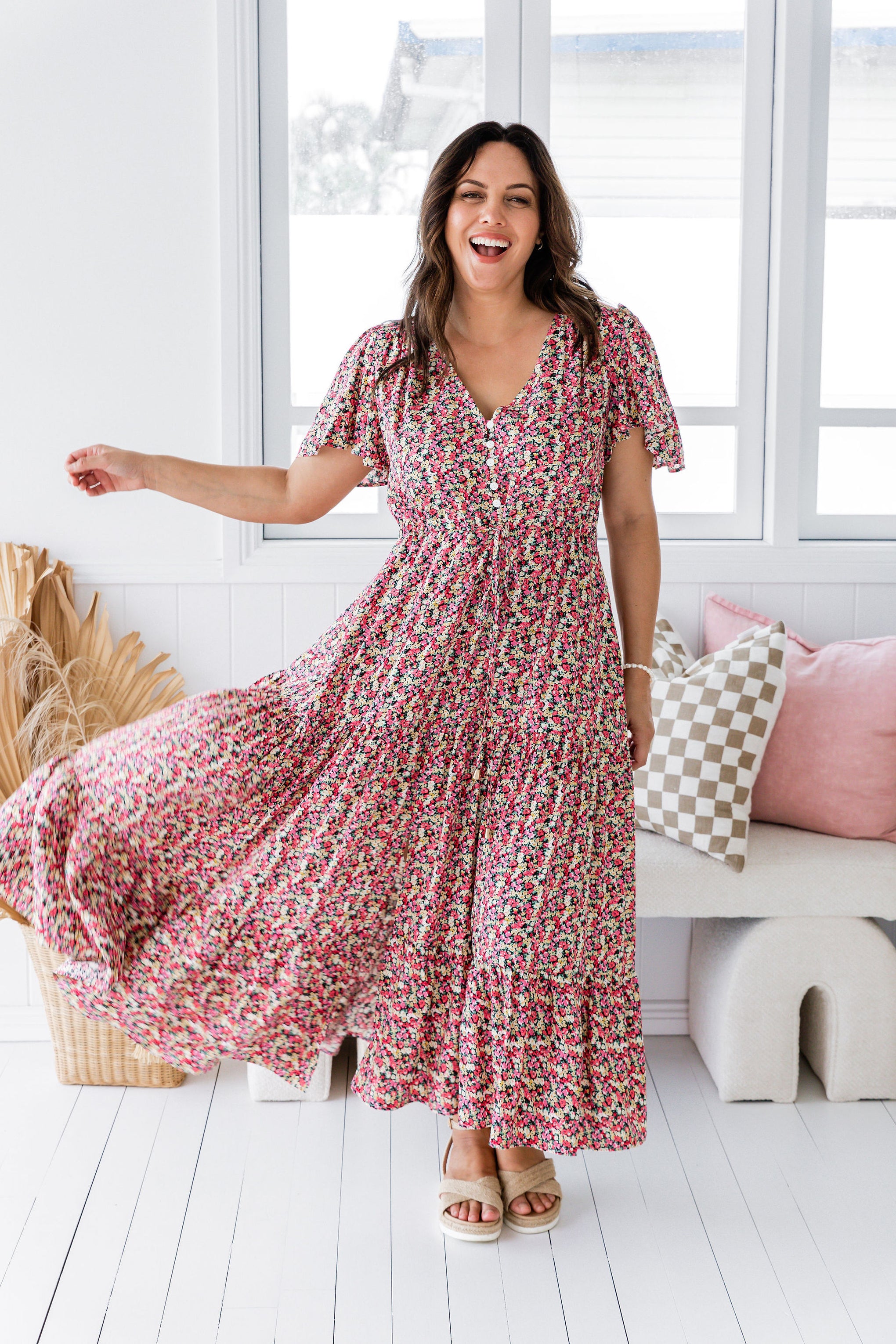 Bonnie Maxi Floral Dress in Pink Ditsy
