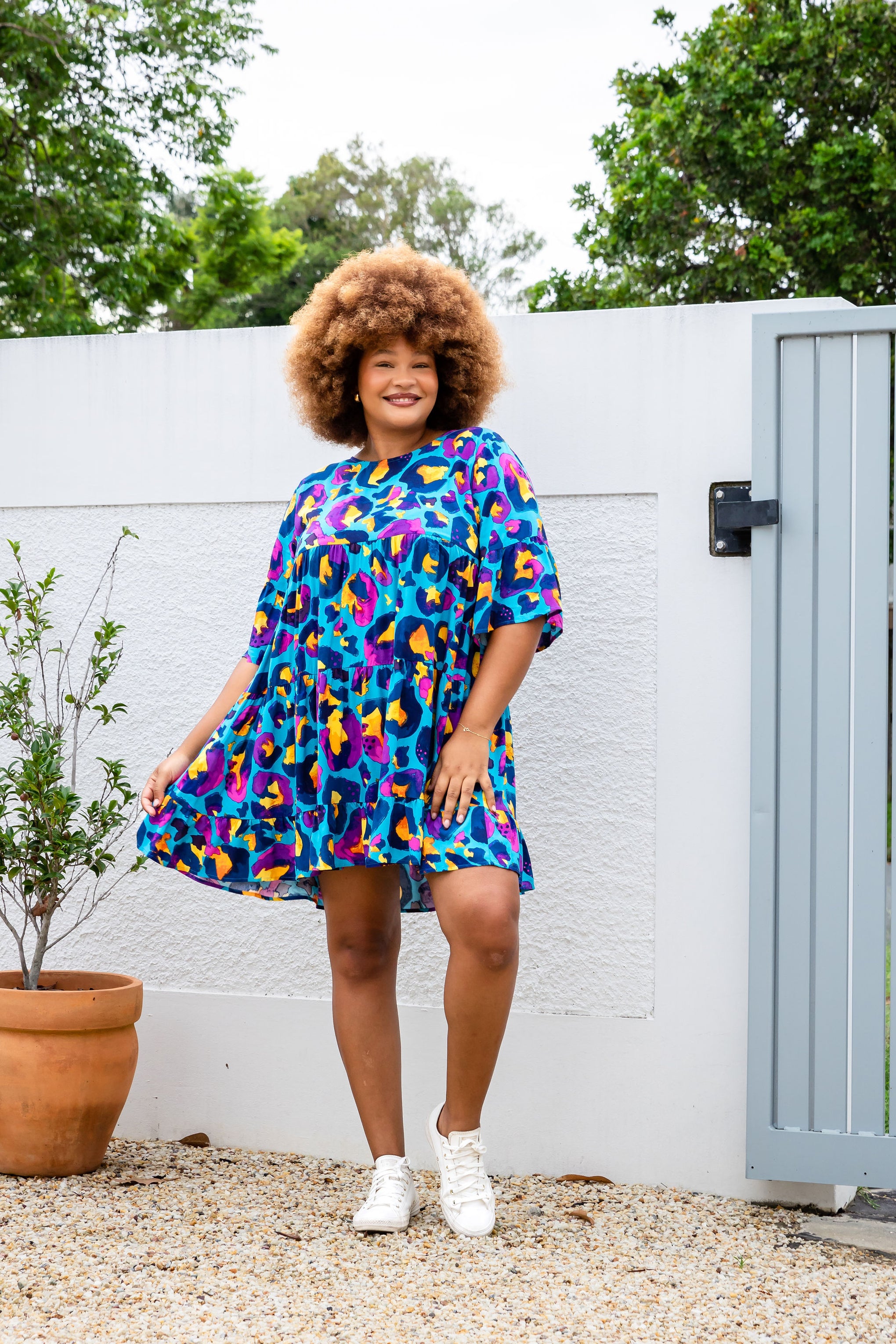 Coco Tiered Dress in Blue Leopard by Kasey Rainbow