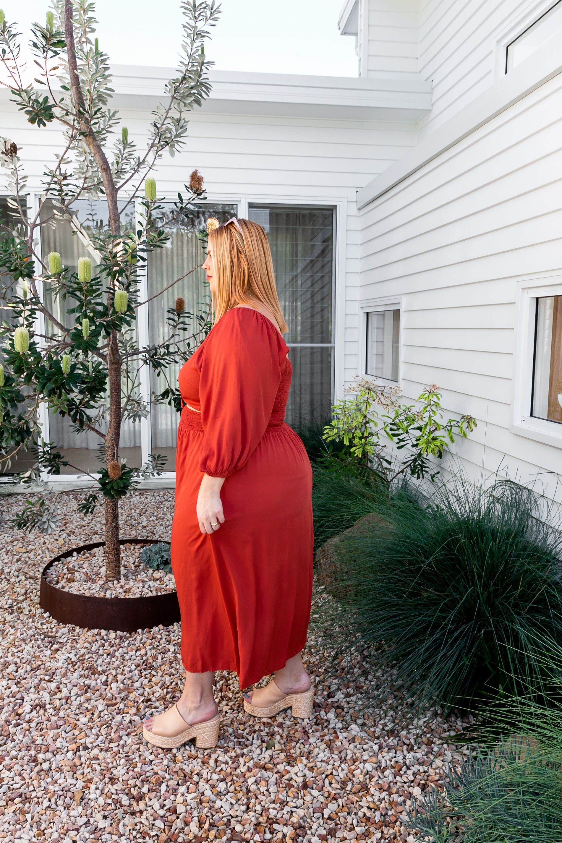 Burnt orange geo outlet print satin maxi dress