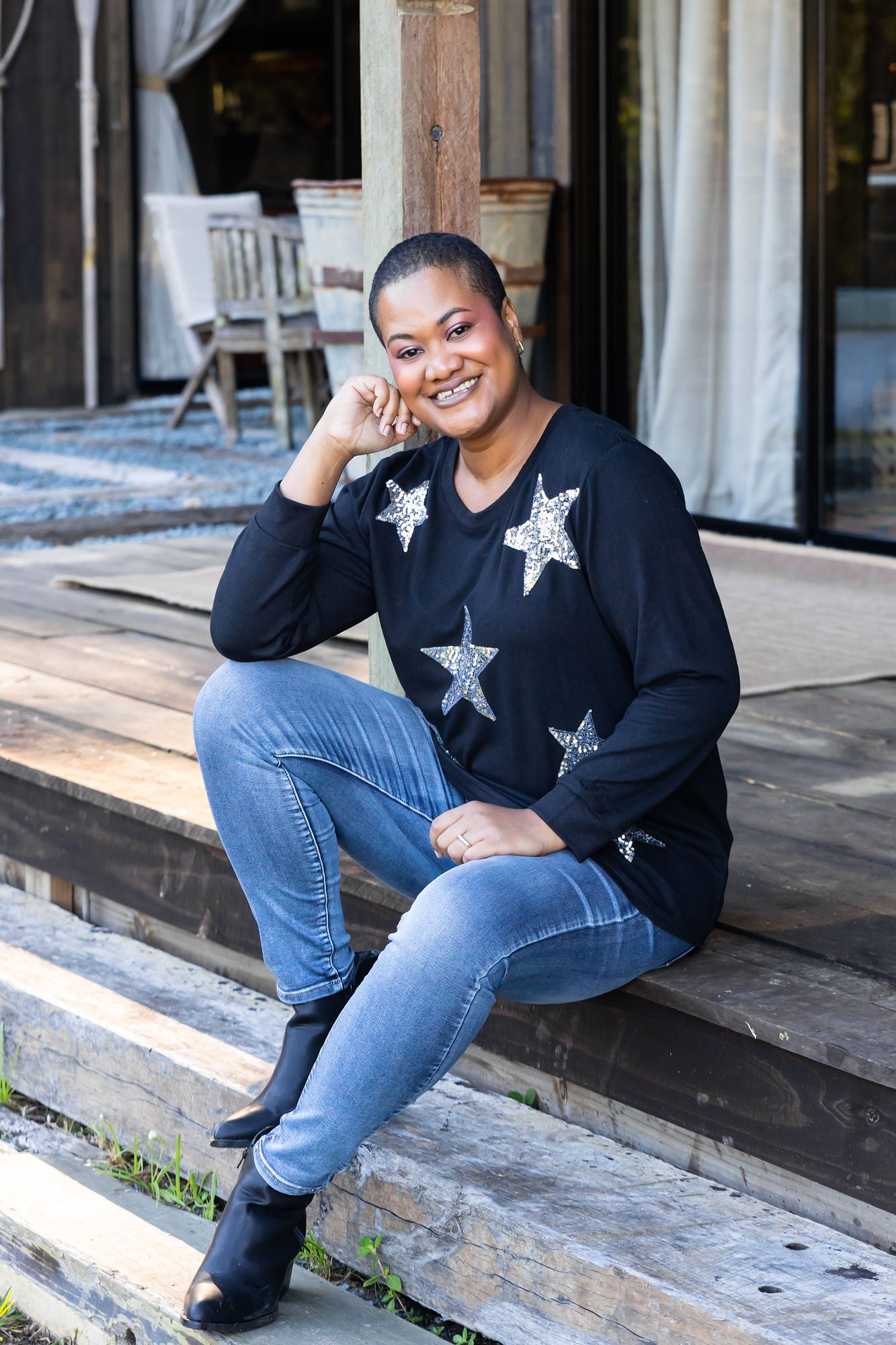 Harriet Star Sequin Knit Top in Black