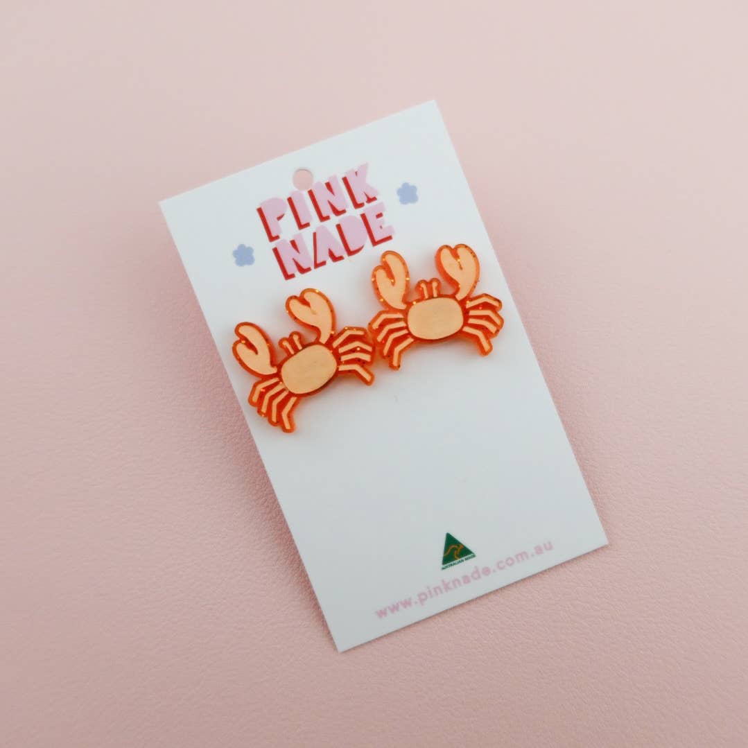 Crab Orange Glitter Statement Stud Earrings