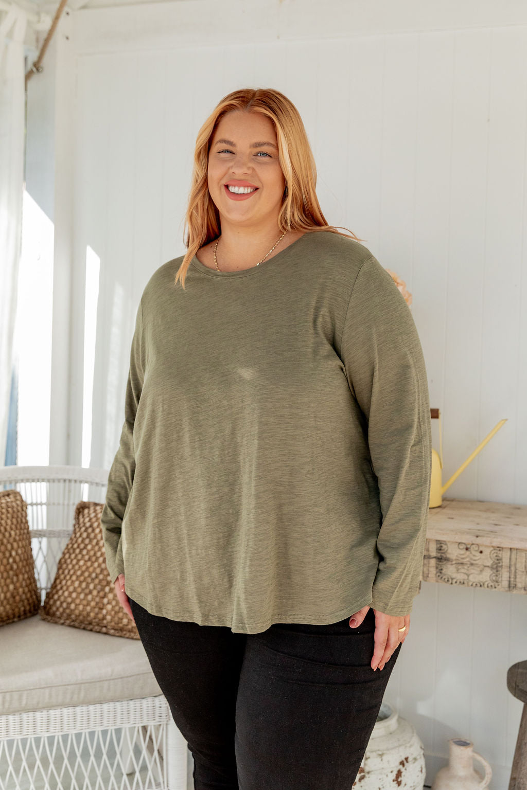 Kendall Long Sleeve Basic Top in Khaki