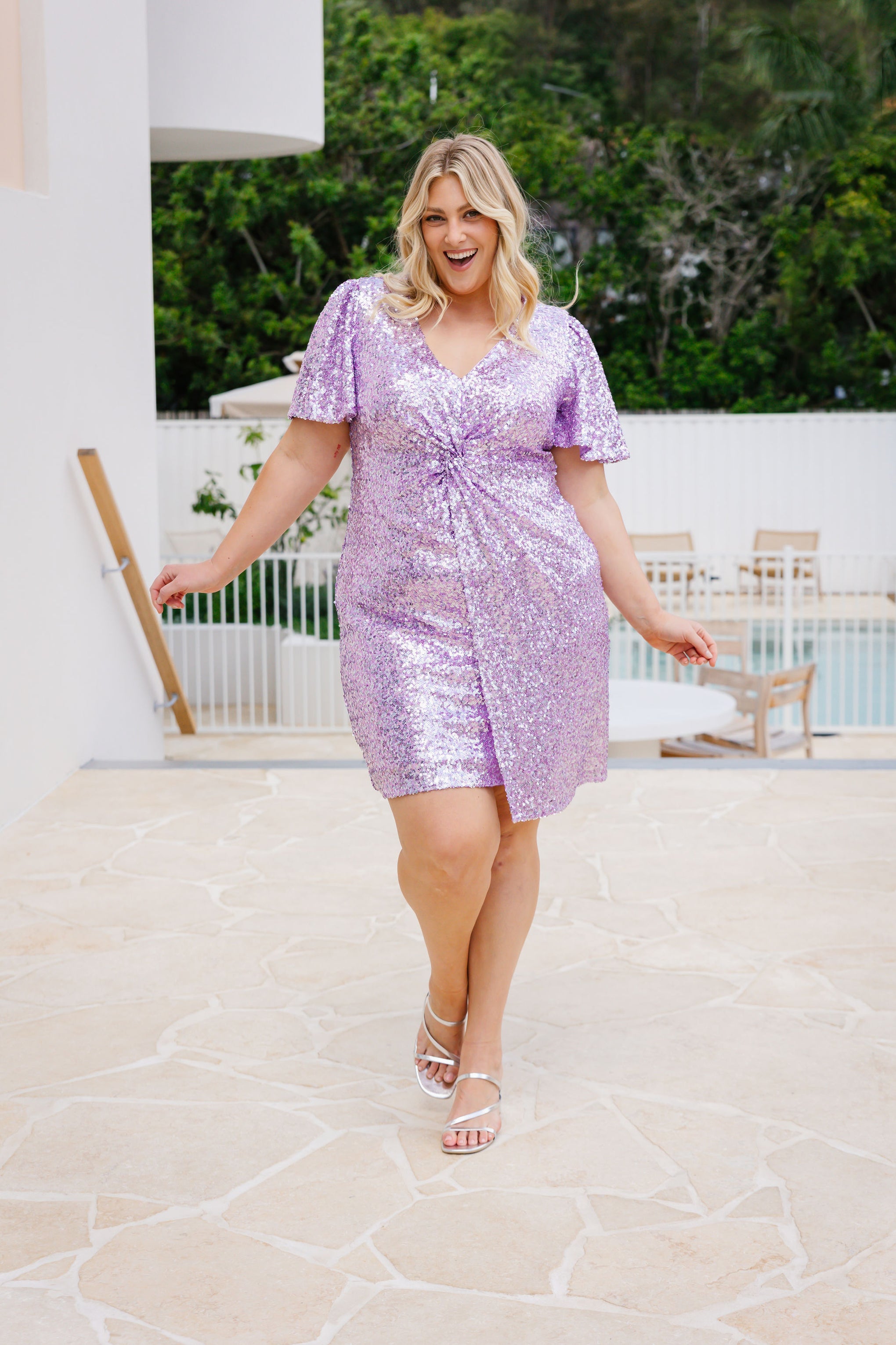 Esmerelda Sequin Twist Dress in Lilac Sparkle