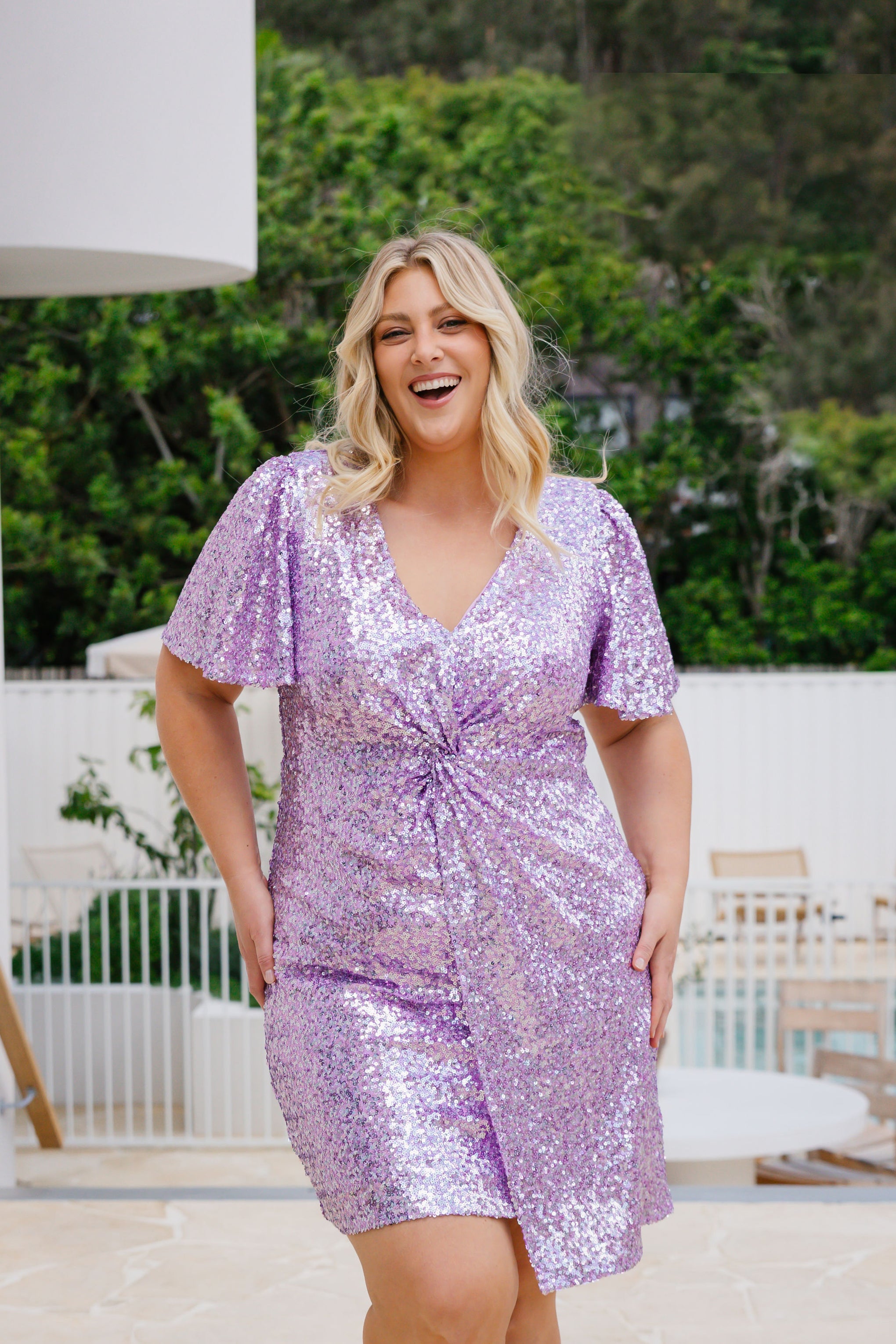 Esmerelda Sequin Twist Dress in Lilac Sparkle