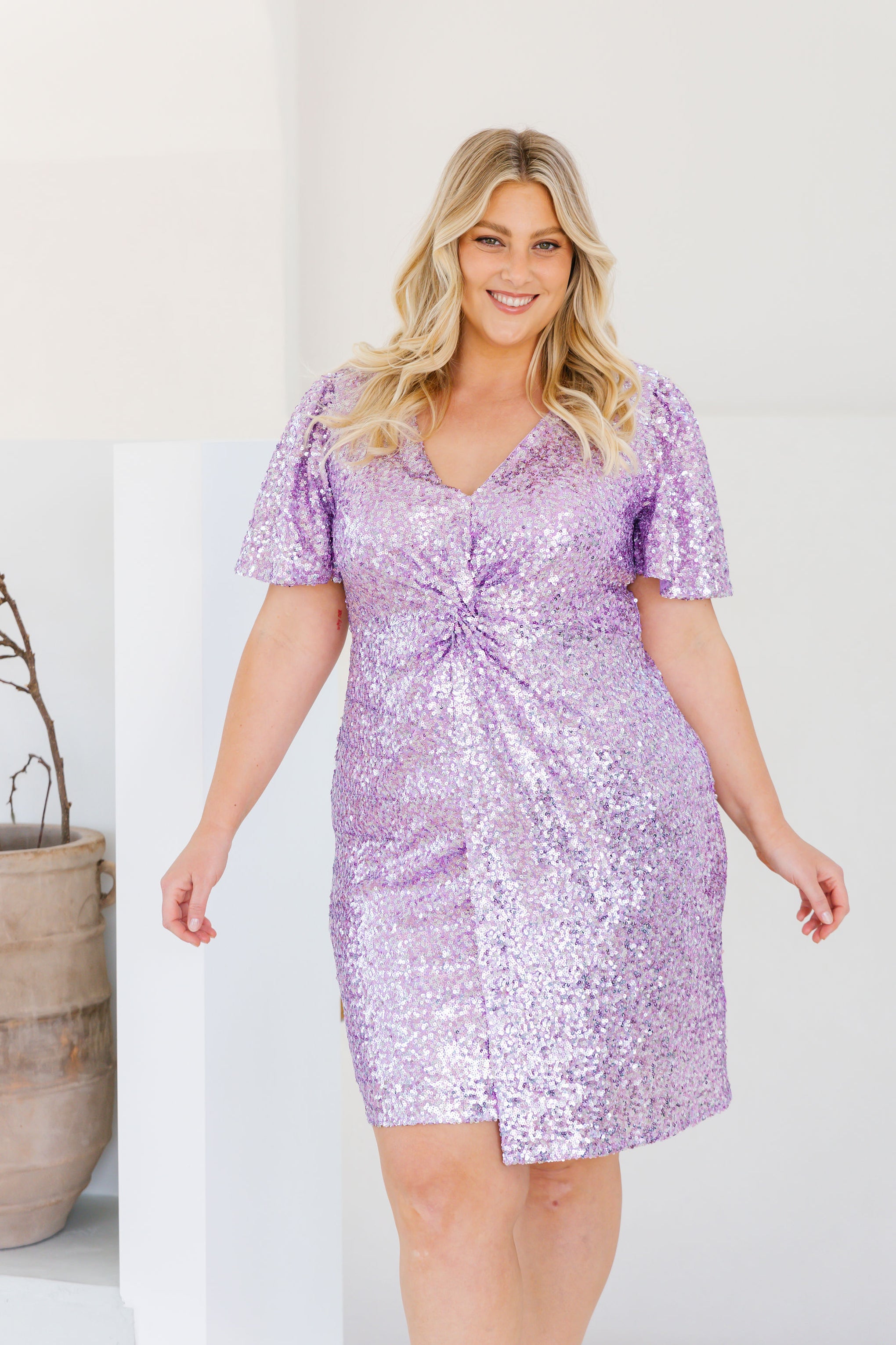 Esmerelda Sequin Twist Dress in Lilac Sparkle