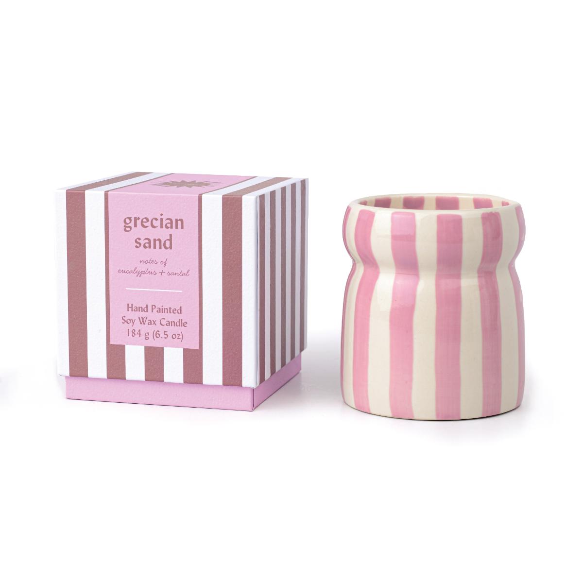 Cabana 6.5oz/184g Grecian Sand Lavender Stripped Ceramic Candle