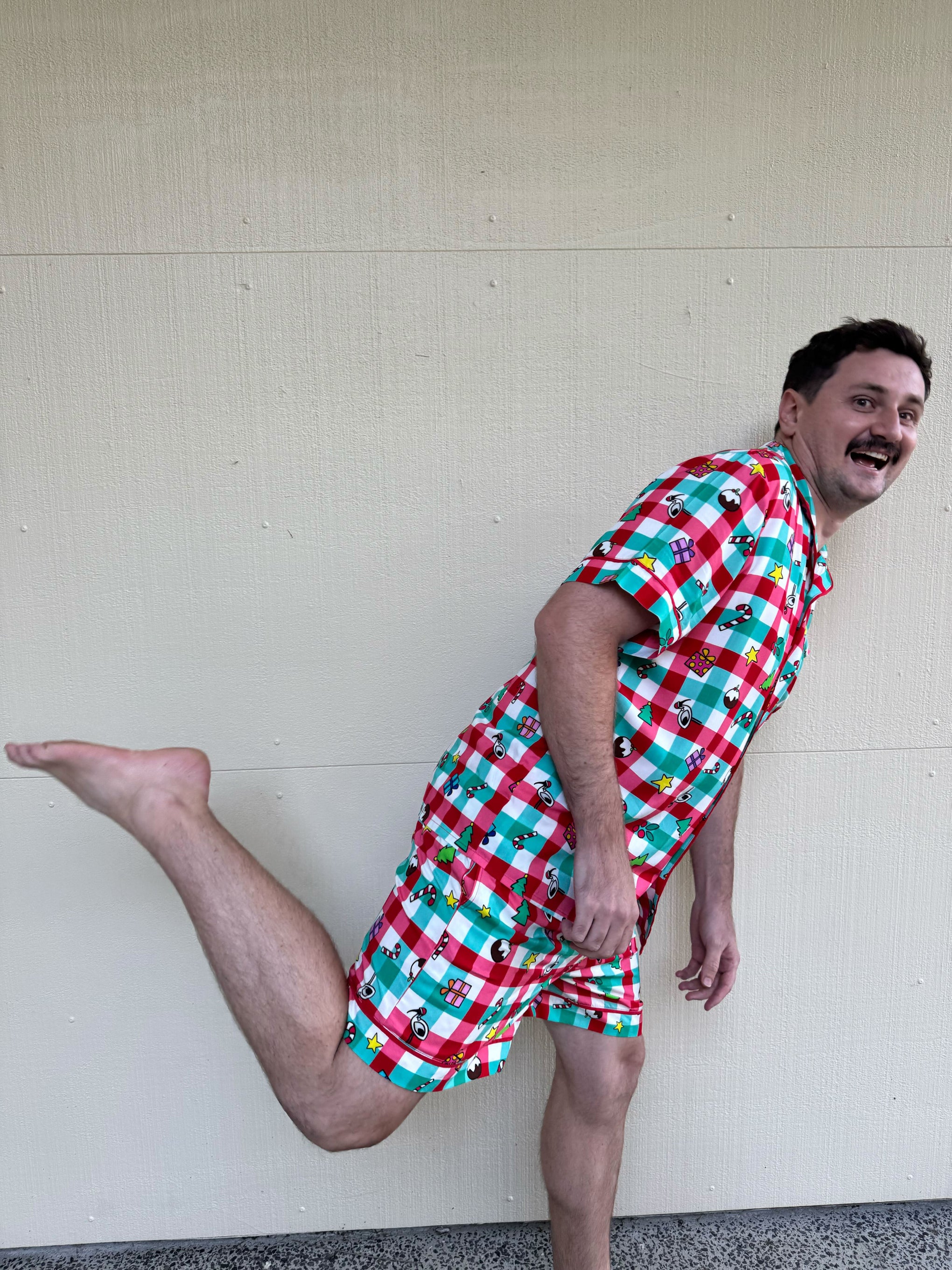 Mens Snowman Shirt & Shorts Sleepwear Set in Christmas Picnic by Kasey Rainbow