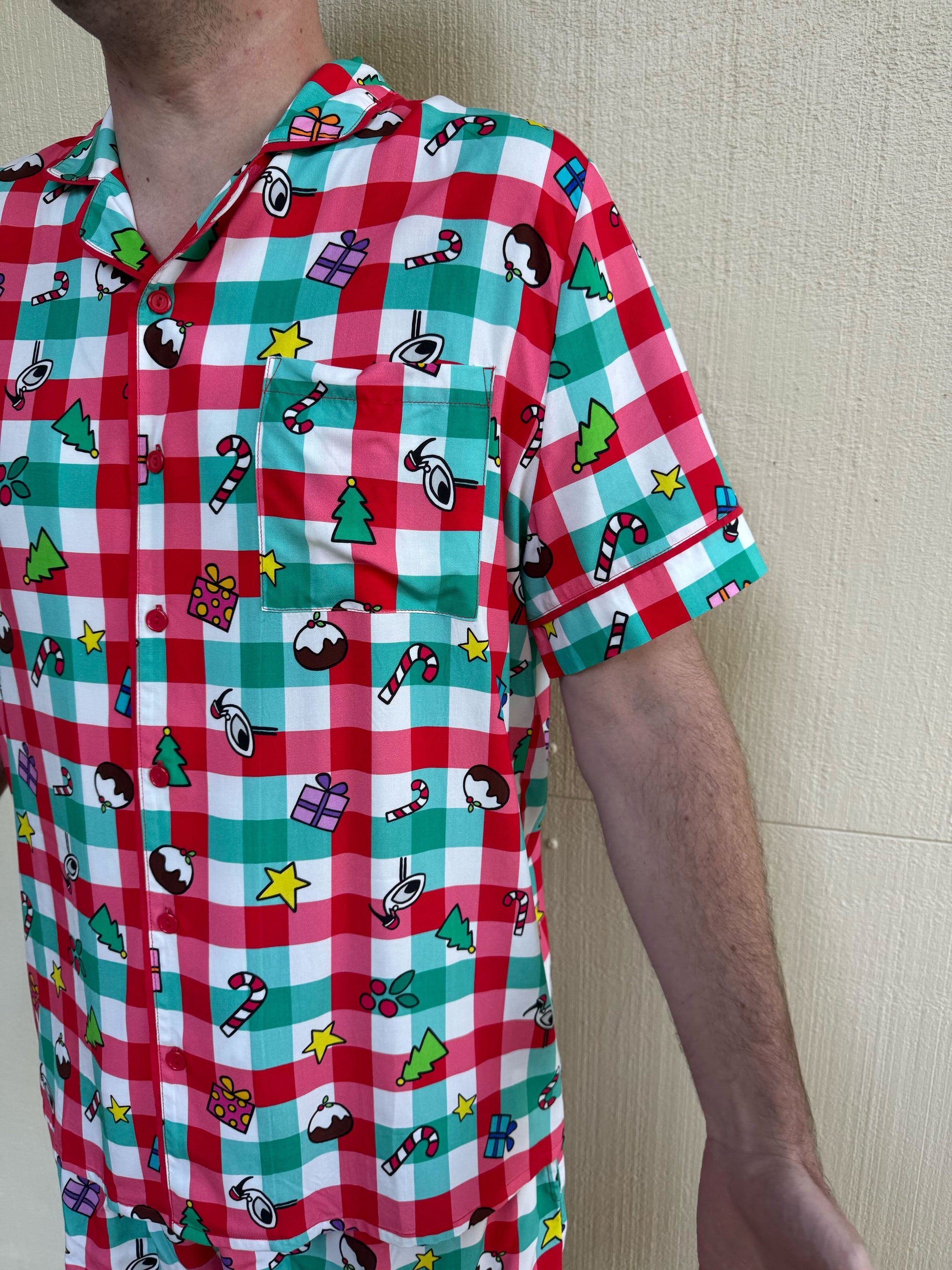 Mens Snowman Shirt & Shorts Sleepwear Set in Christmas Picnic by Kasey Rainbow