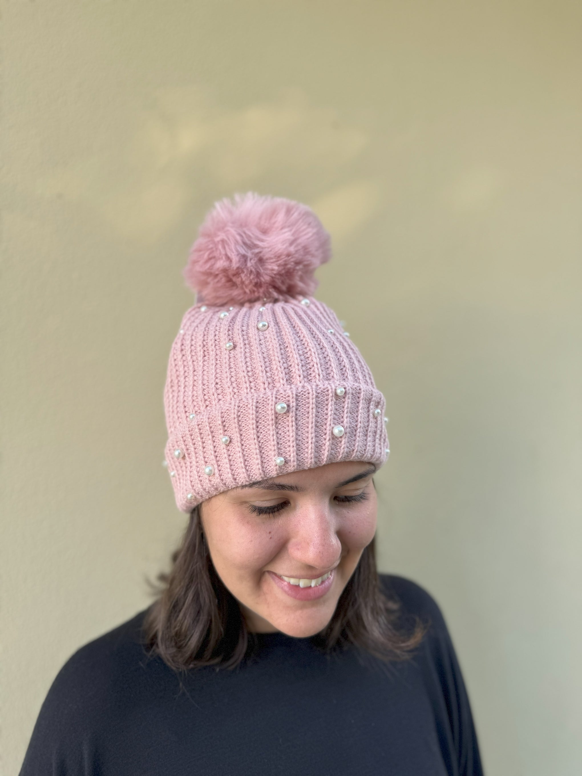 Pearl Pom Pom Beanie in Pink