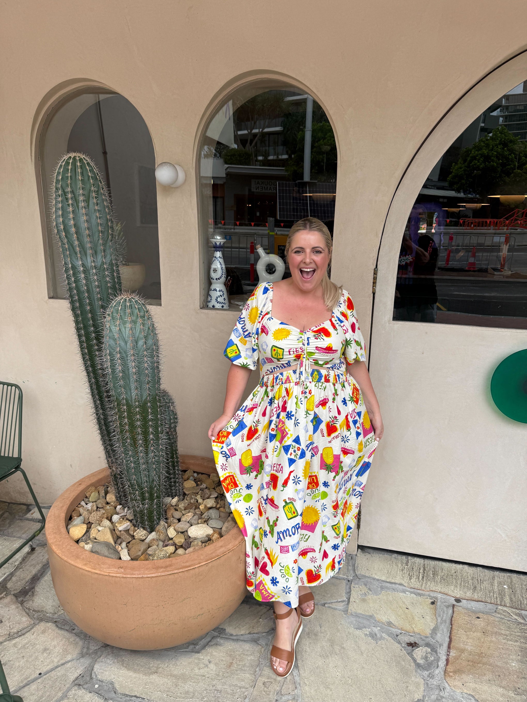 Pippa Linen Blend Cut Out Dress in Corazon