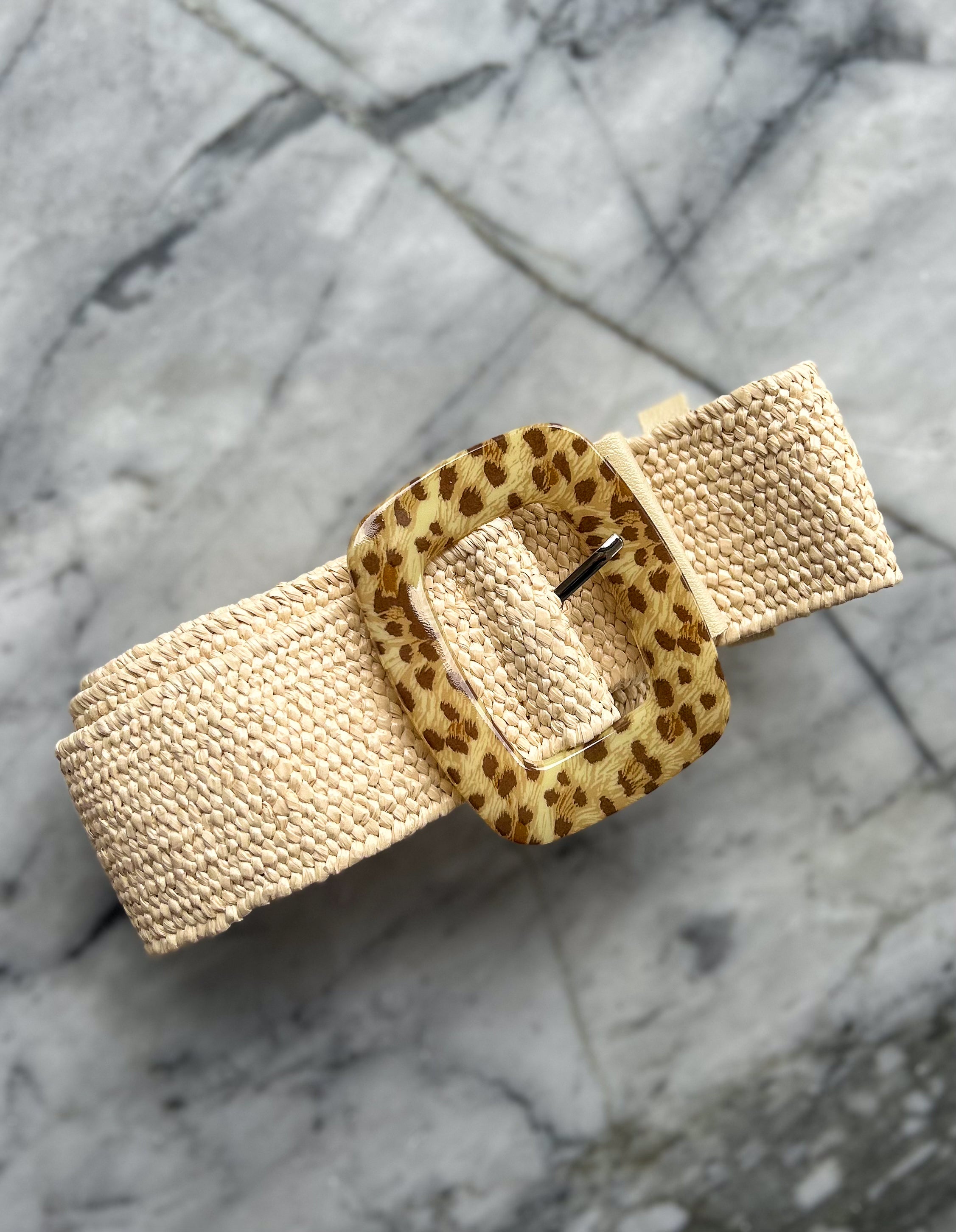 Extra Length Stretch Belt with Leopard Buckle in Sand
