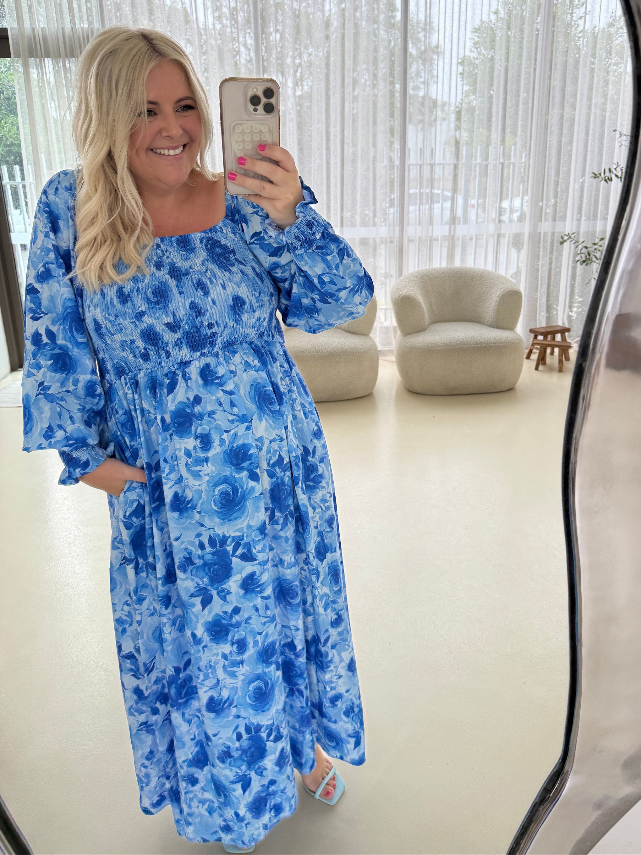 Amelia Maxi Dress in Blue Roses Proud Poppy Clothing Amelia Maxi Dress in Blue Roses Proud Poppy Clothing