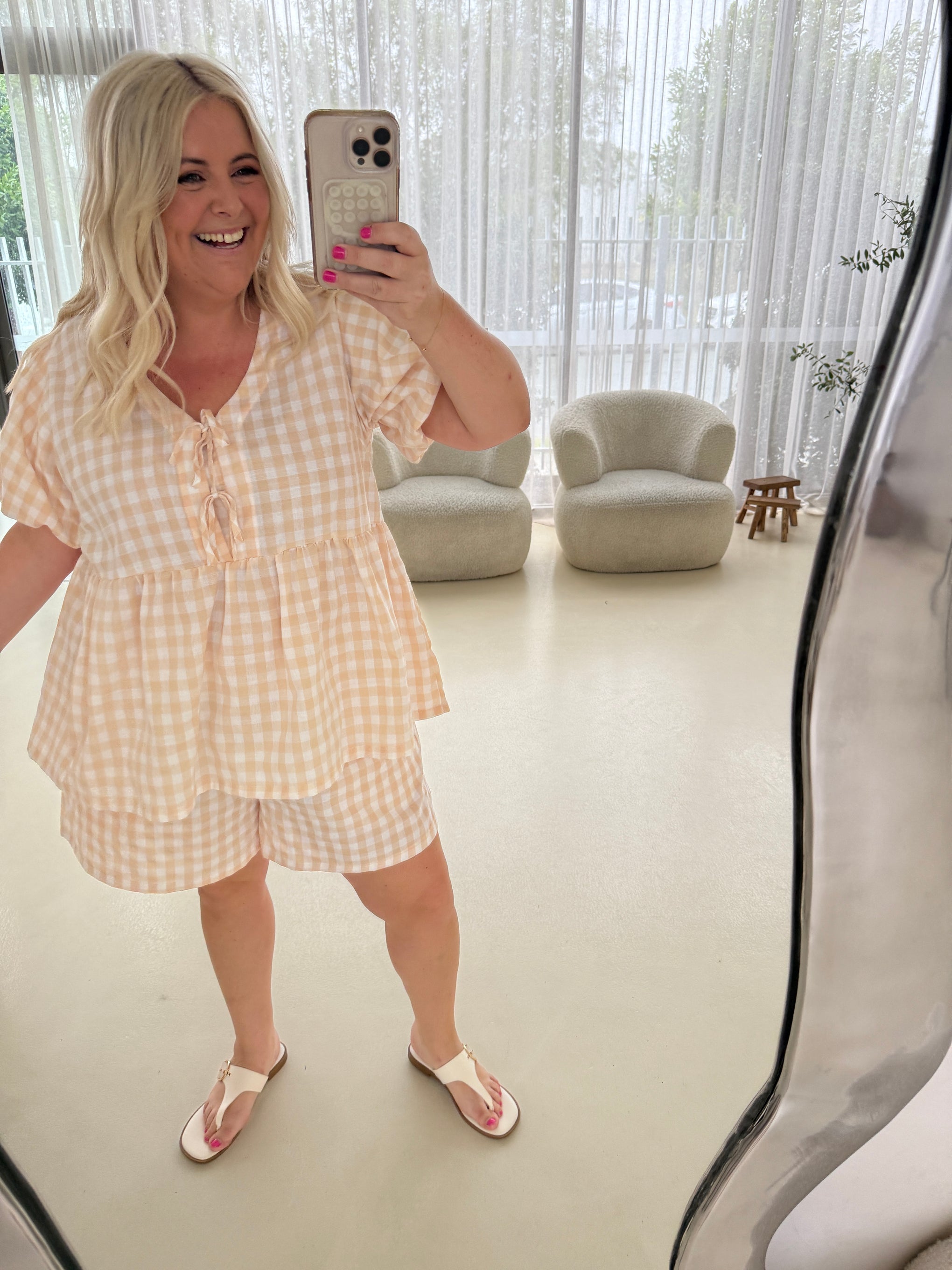 Harlow Short in Peach Gingham