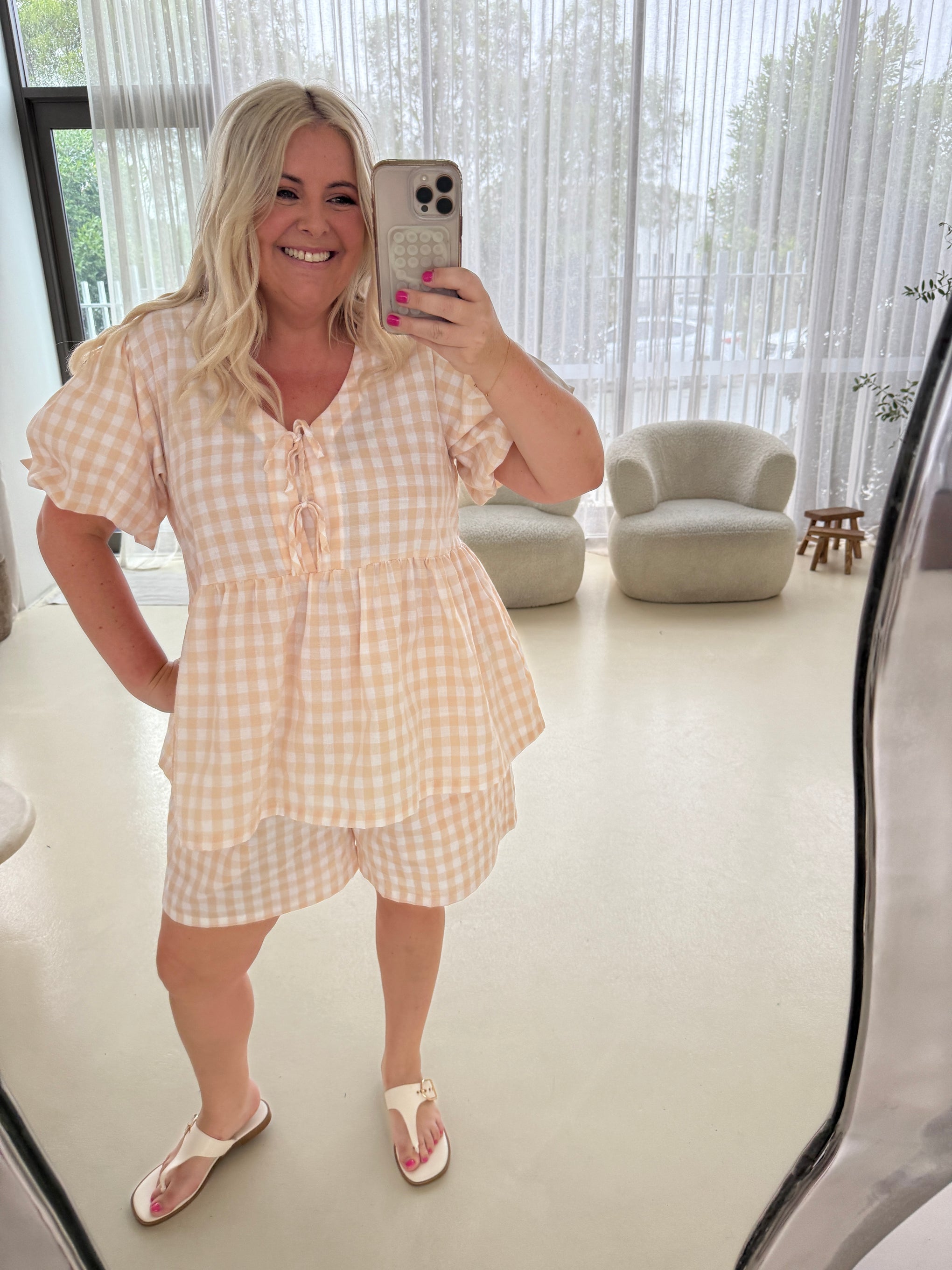 Harlow Short in Peach Gingham