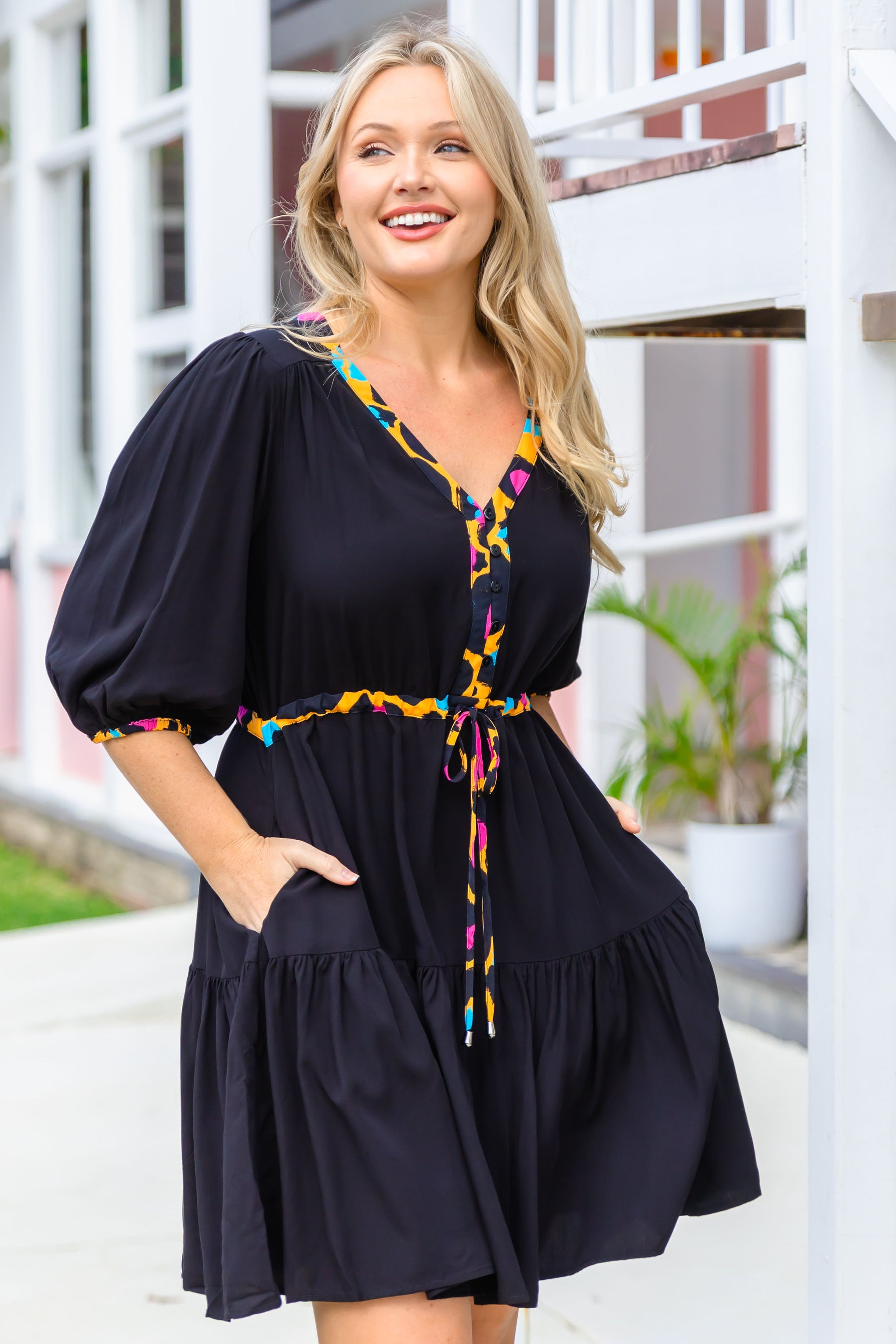 Ziggy Contrast Dress In Black/Mustard Leopard by Kasey Rainbow