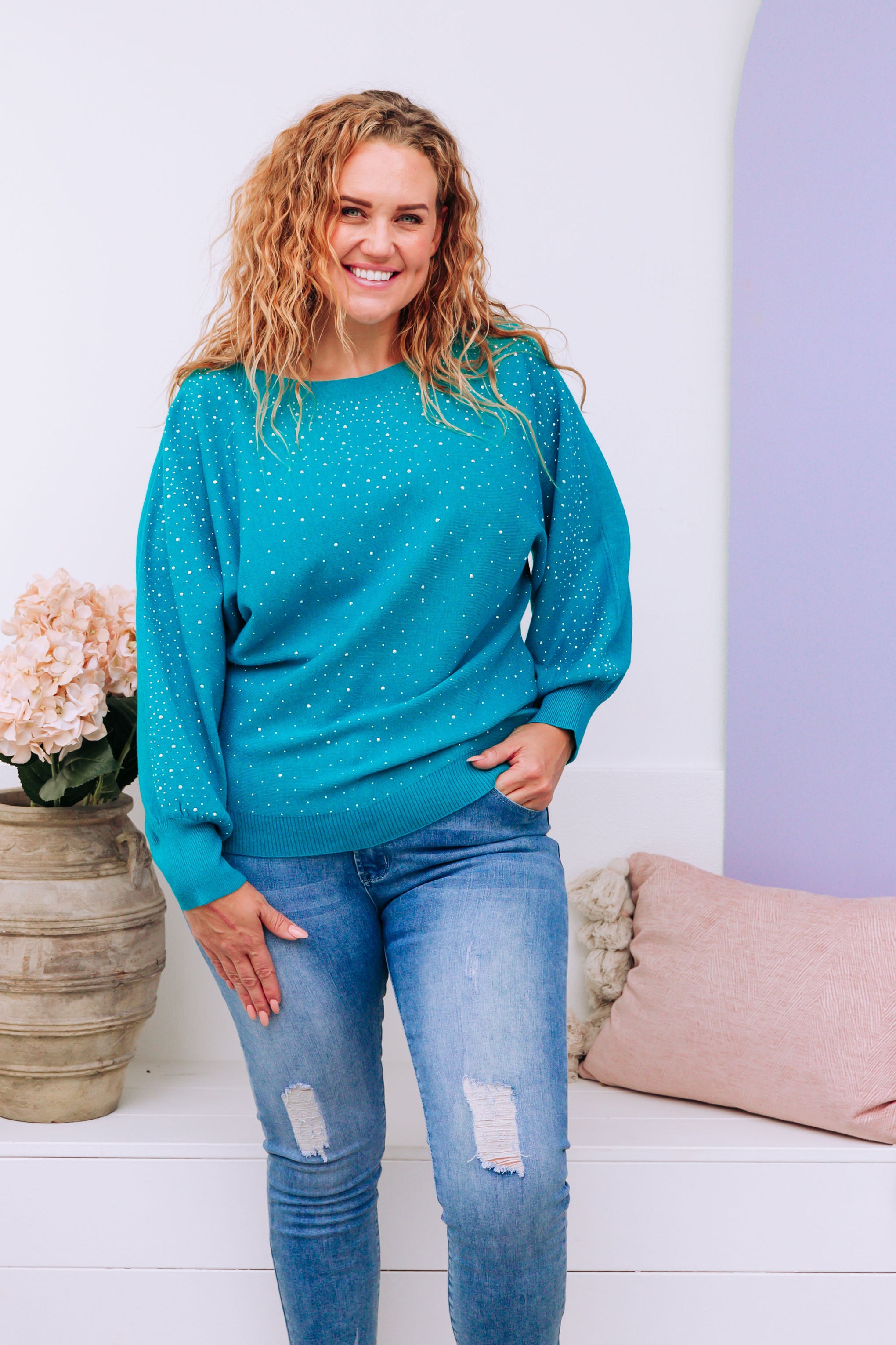 Twinkle Embellished Knit in Turquoise