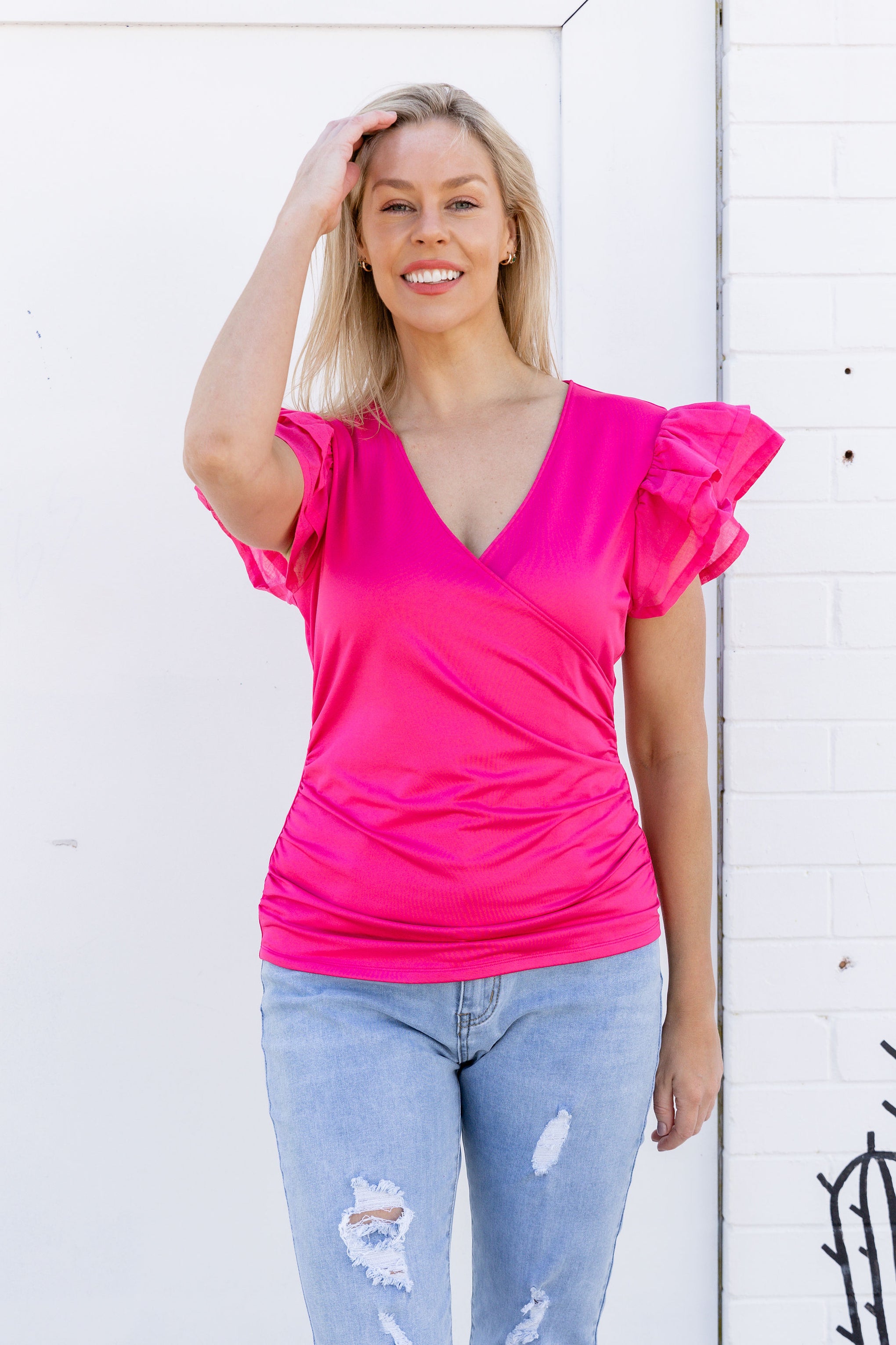 Clara Frill Sleeve Top in Hot Pink
