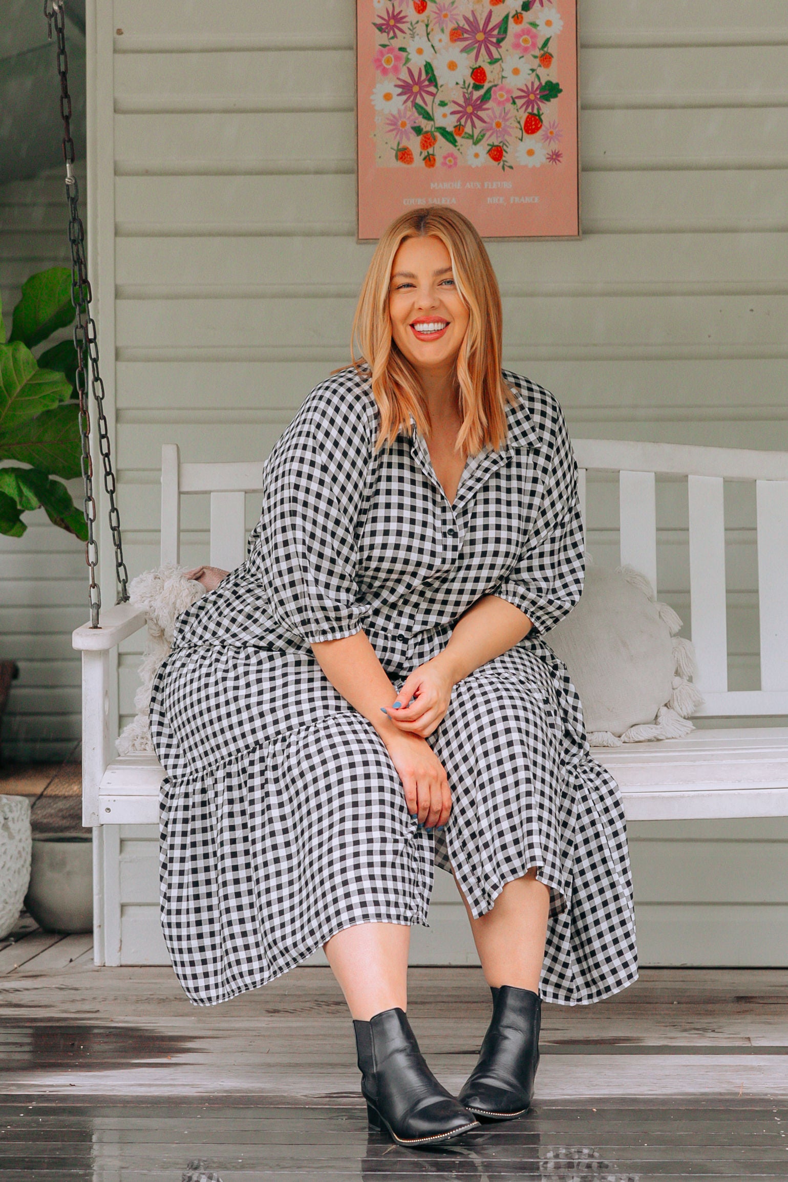 Black white checked outlet dress