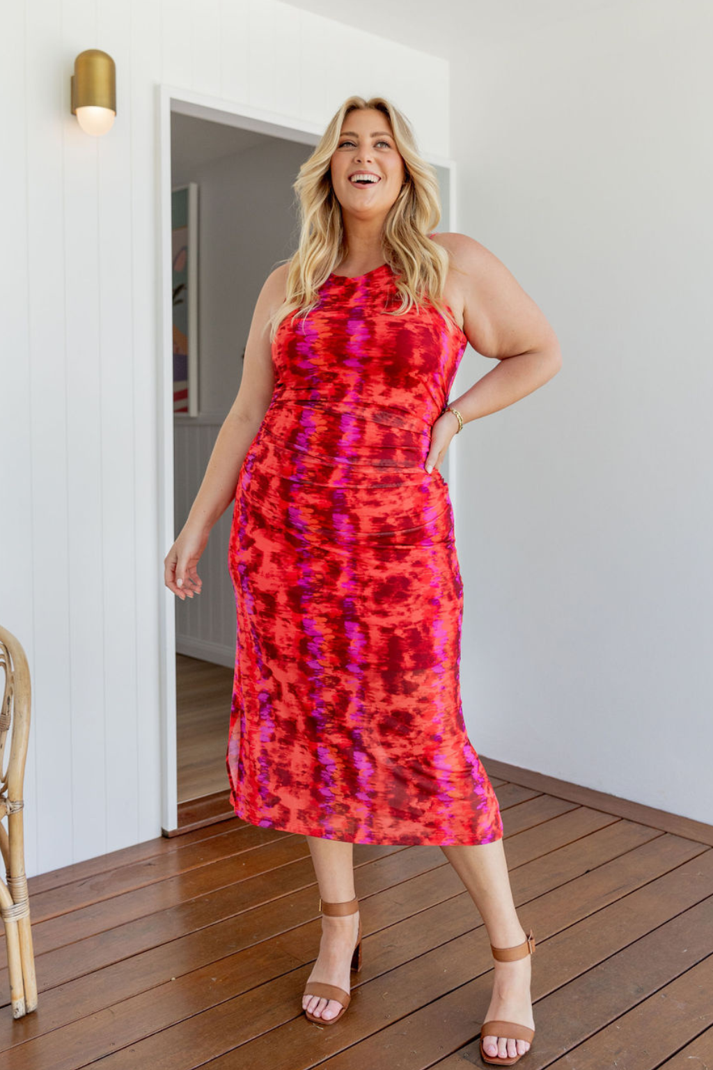Teagan Mesh Midi Dress in Red