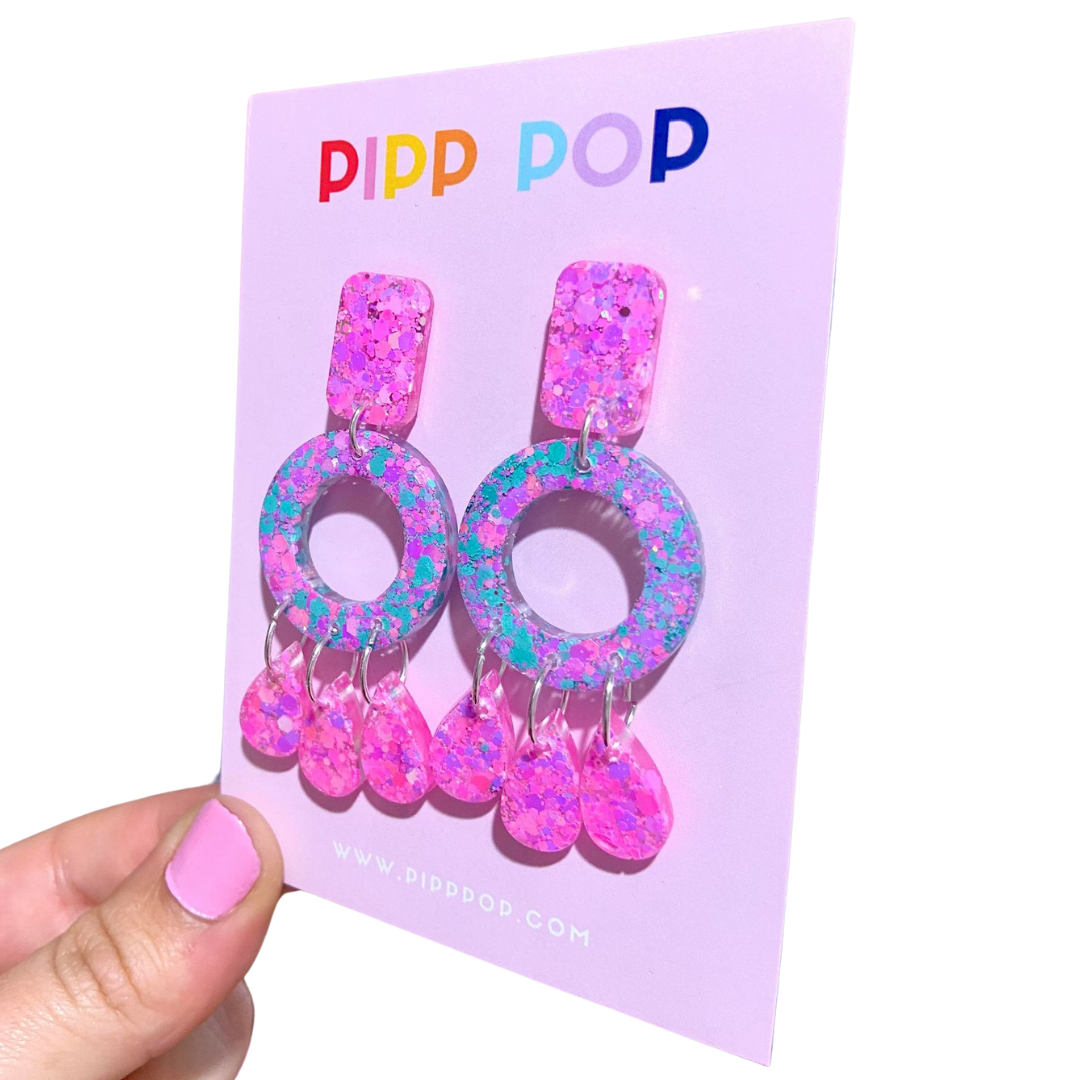 Aria Glitter Dangle Earrings in Pink