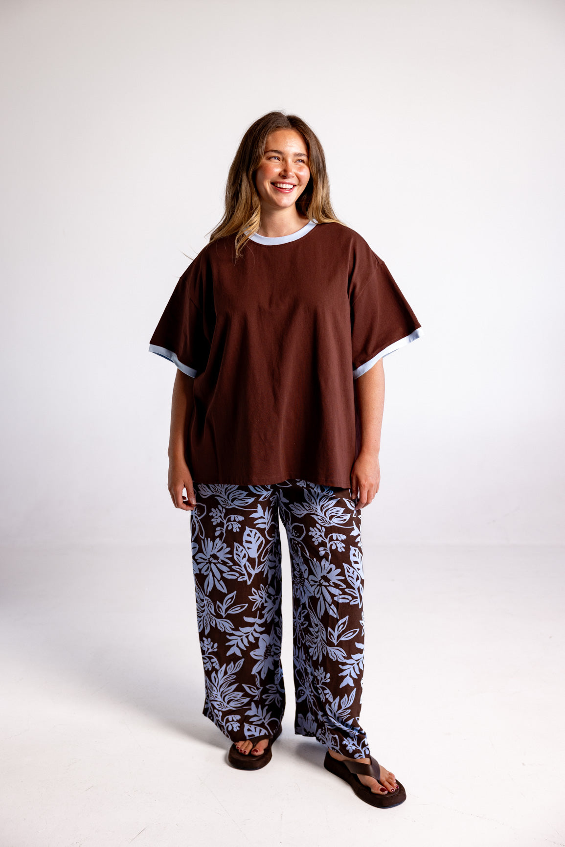 Nikita Heavyweight Cotton Tee in Chocolate Brown & Blue Contrast