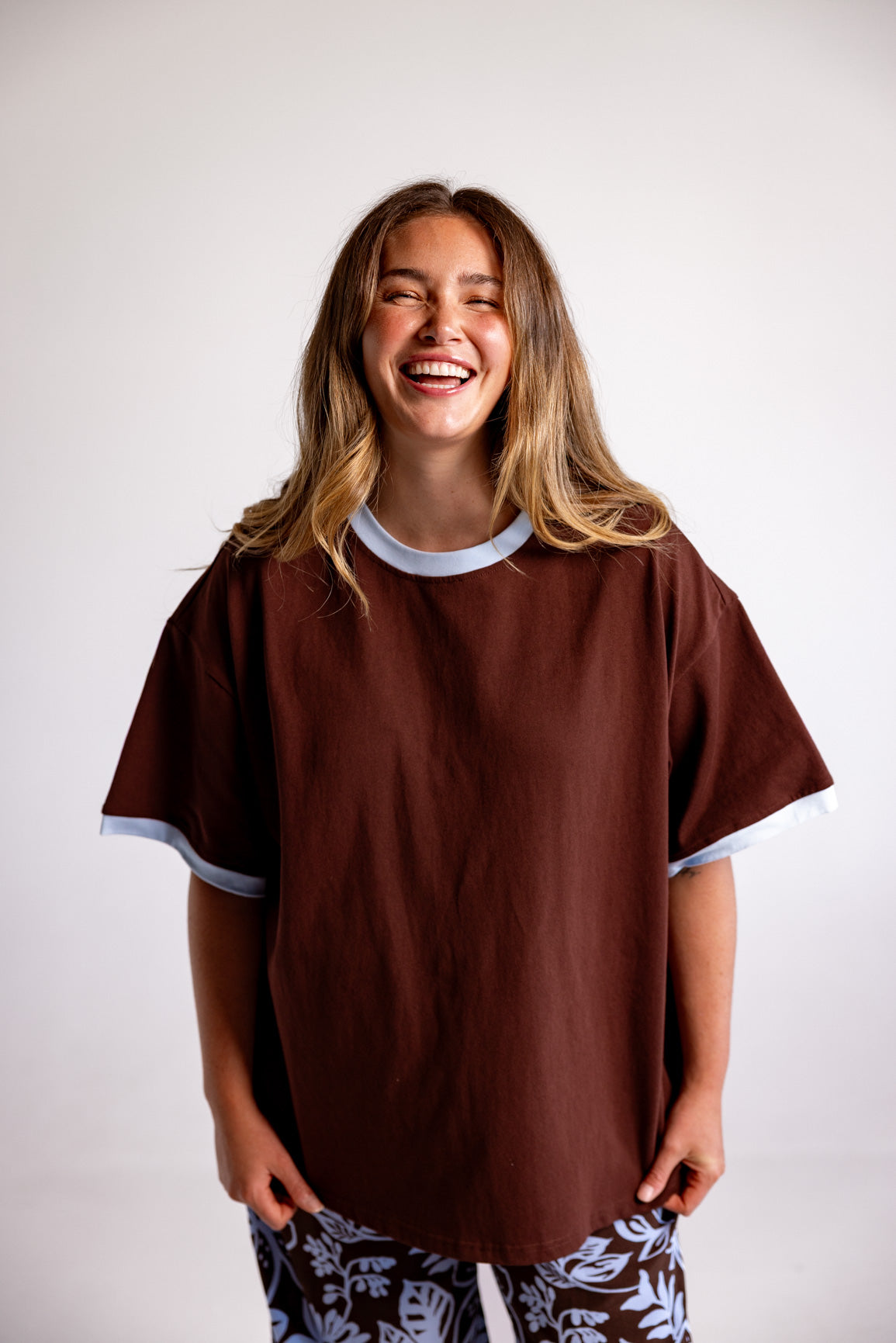 Nikita Heavyweight Cotton Tee in Chocolate Brown & Blue Contrast