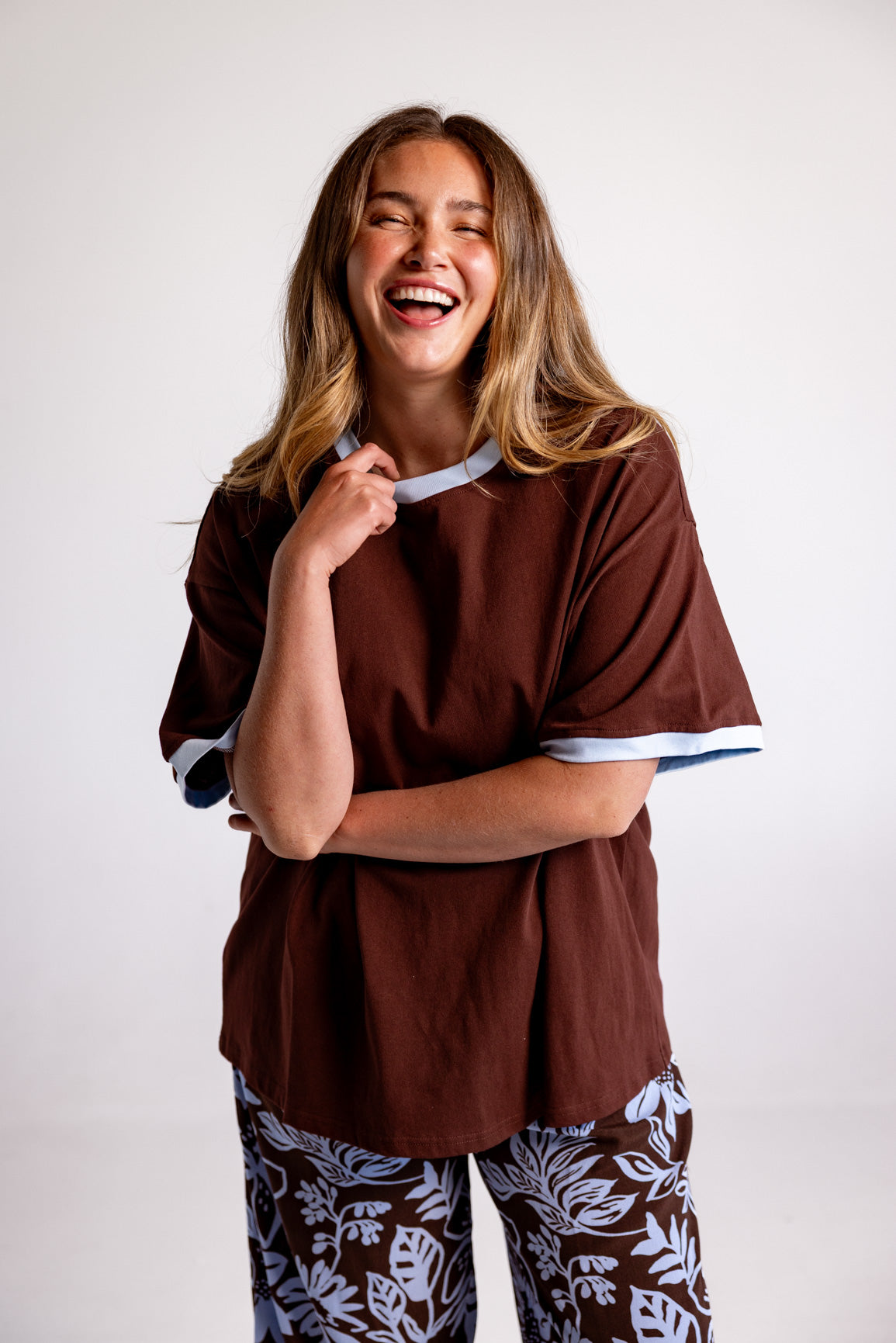 Nikita Heavyweight Cotton Tee in Chocolate Brown & Blue Contrast