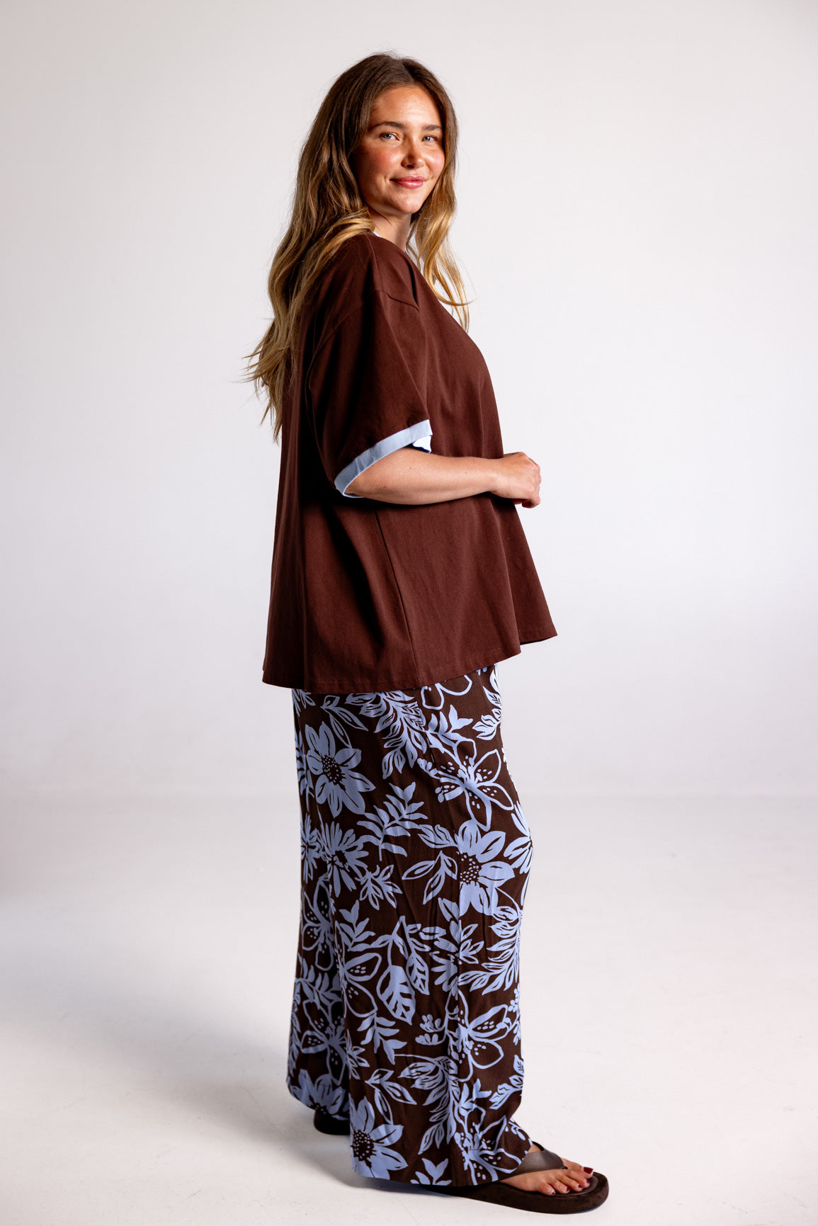 Nikita Heavyweight Cotton Tee in Chocolate Brown & Blue Contrast