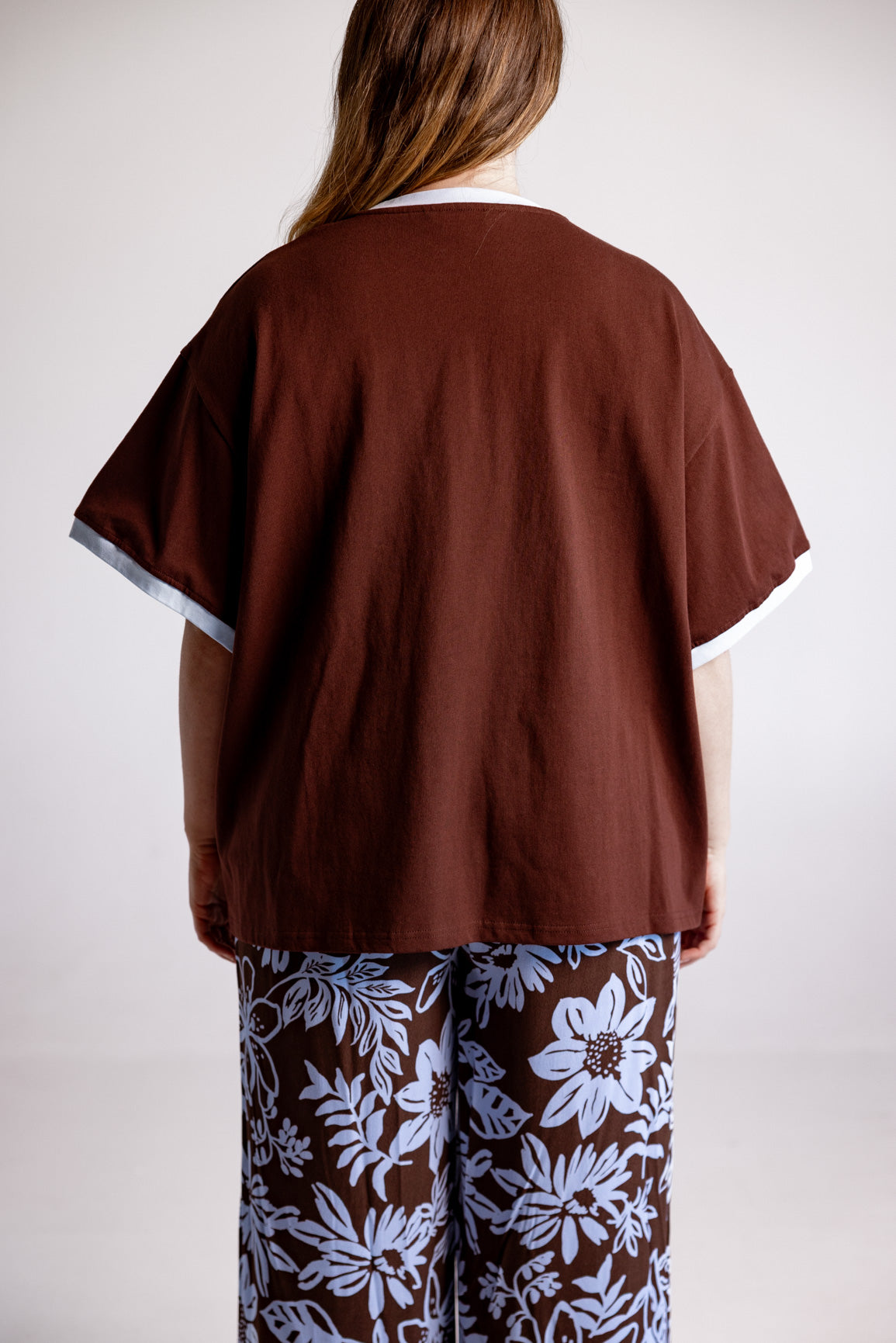 Nikita Heavyweight Cotton Tee in Chocolate Brown & Blue Contrast