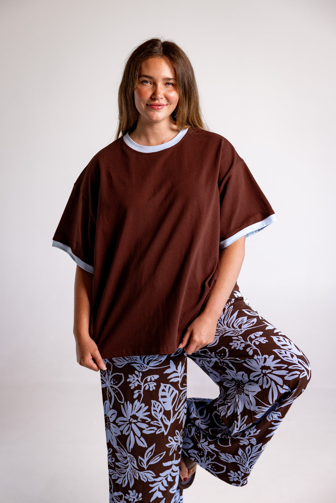 Nikita Heavyweight Cotton Tee in Chocolate Brown & Blue Contrast