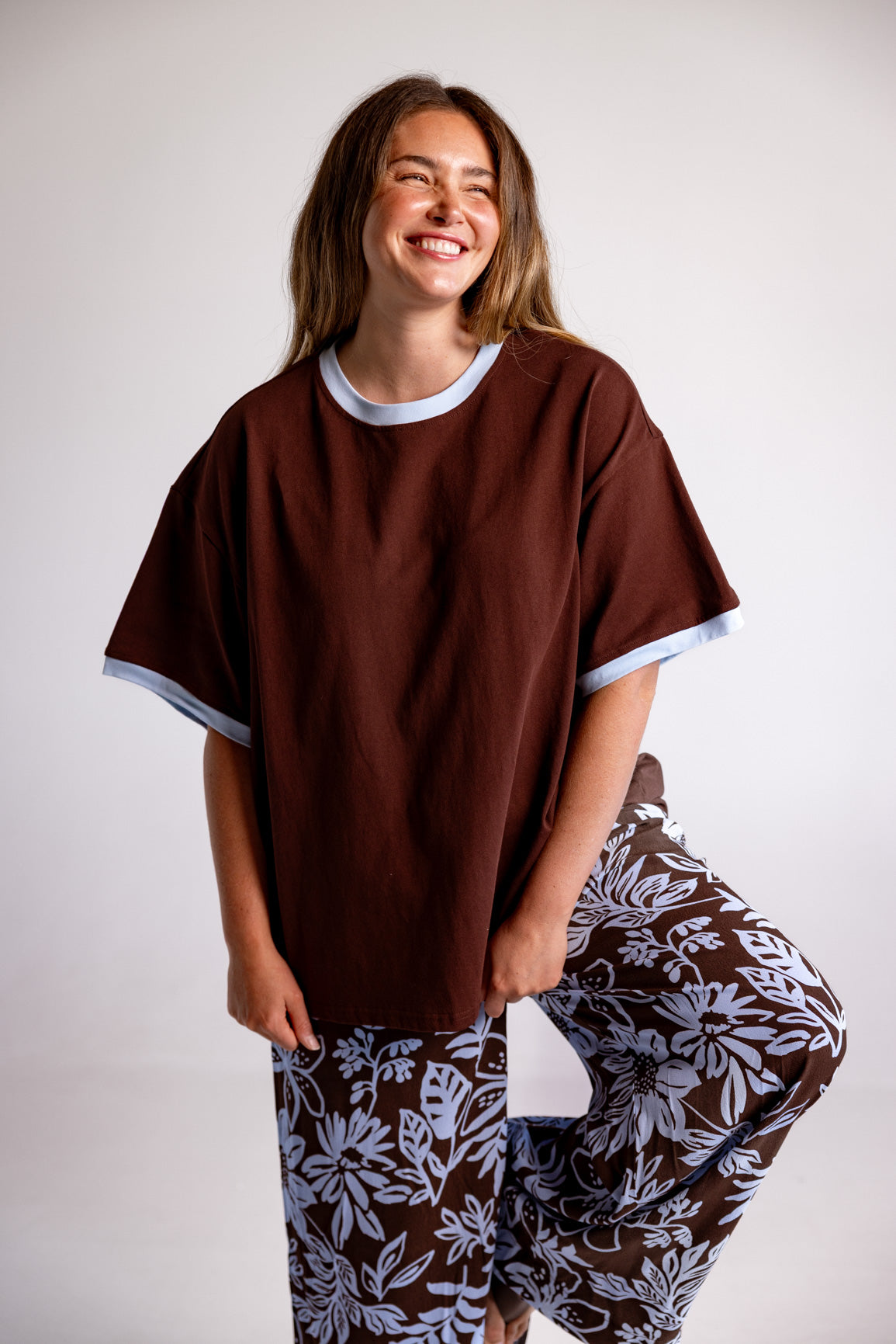 Nikita Heavyweight Cotton Tee in Chocolate Brown & Blue Contrast